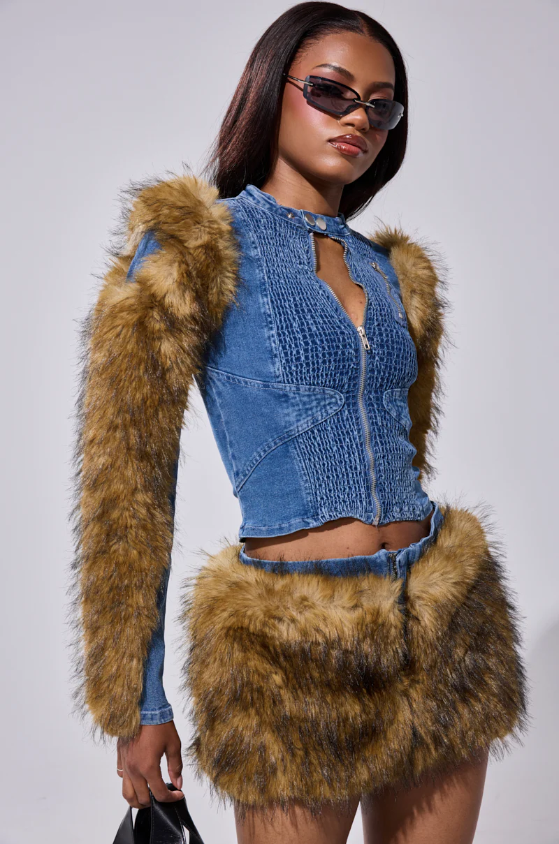 KENDRA FUR TRIM DENIM TOP - Image 4