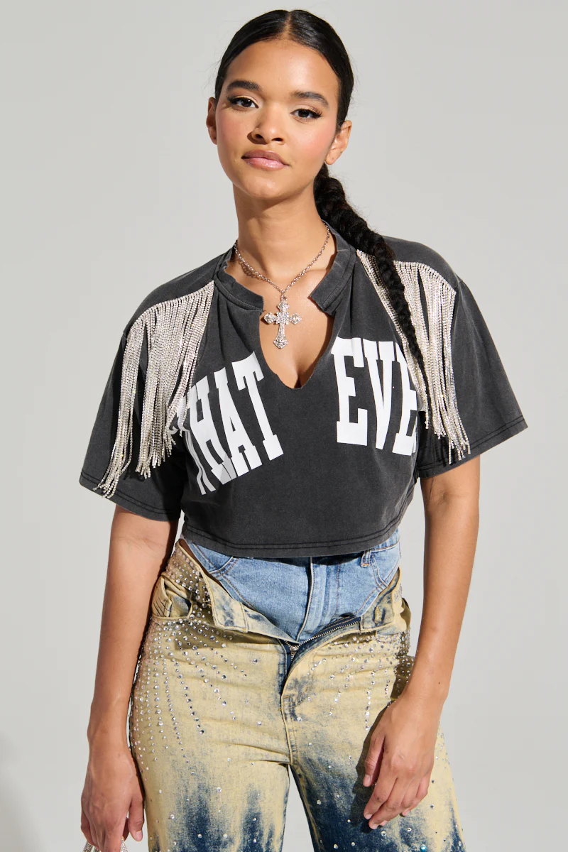 KISS IT SHORT SLEEVE RHINESTIONE FRINGE TEE - Image 3