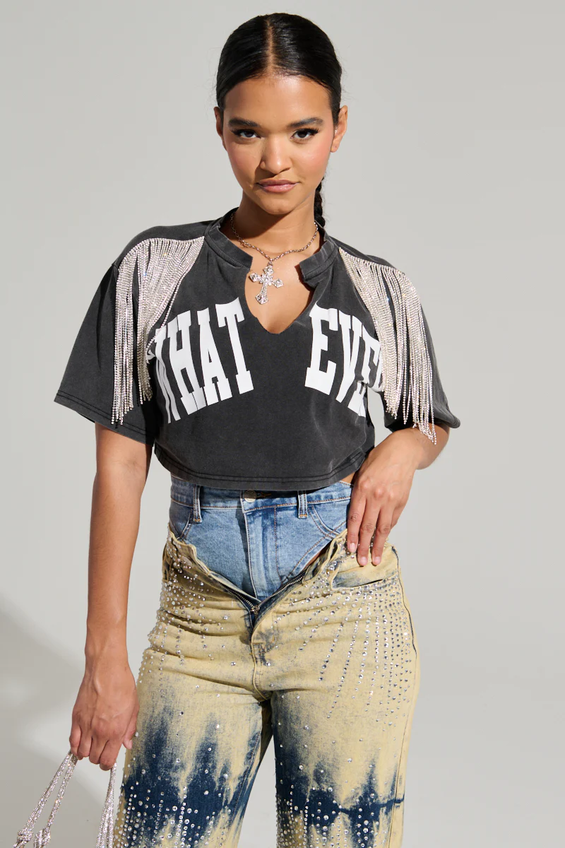 KISS IT SHORT SLEEVE RHINESTIONE FRINGE TEE - Image 4