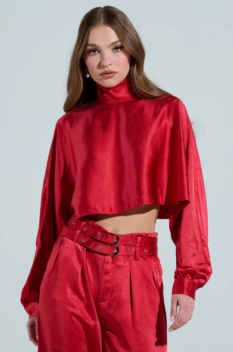 FEELIN' THE LOVE SATIN MOCK NECK BLOUSE IN RED - Image 2