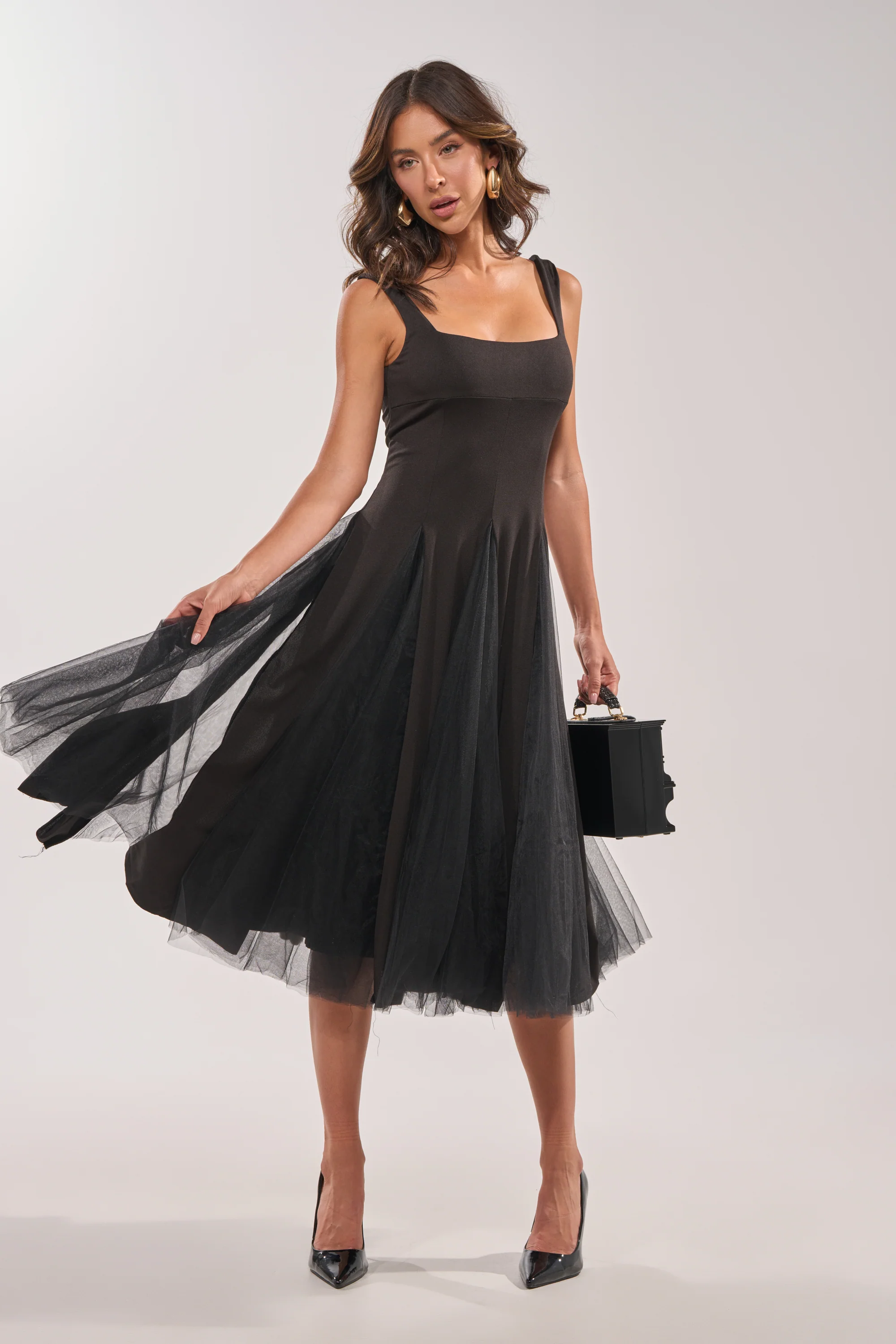 KNOW YOUR WORTH TULLE MIDI DRESS IN BLACK