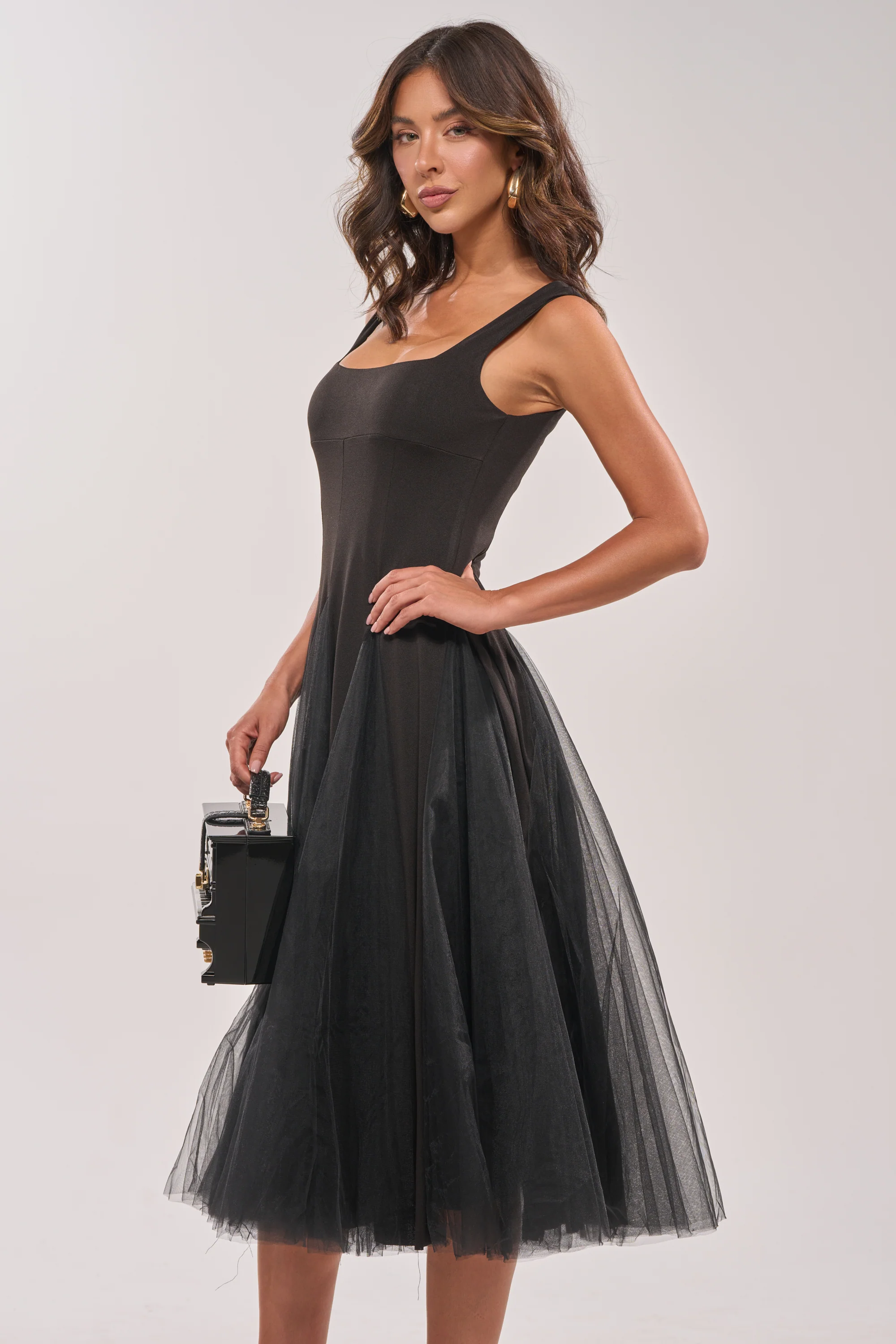 KNOW YOUR WORTH TULLE MIDI DRESS IN BLACK - Image 4