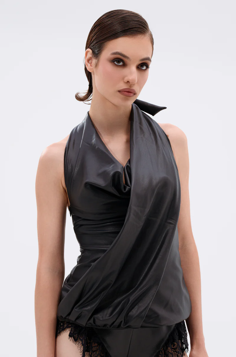 KRISTIN FAUX LEATHER HALTER BLOUSE IN BLACK - Image 3