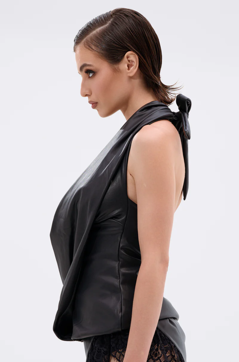 KRISTIN FAUX LEATHER HALTER BLOUSE IN BLACK - Image 5