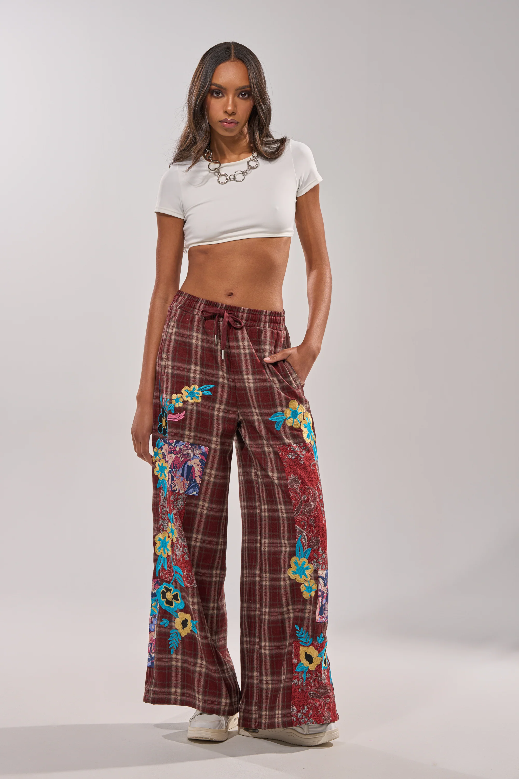 KRIYSTA FLORAL PATCH PLAID PANT
