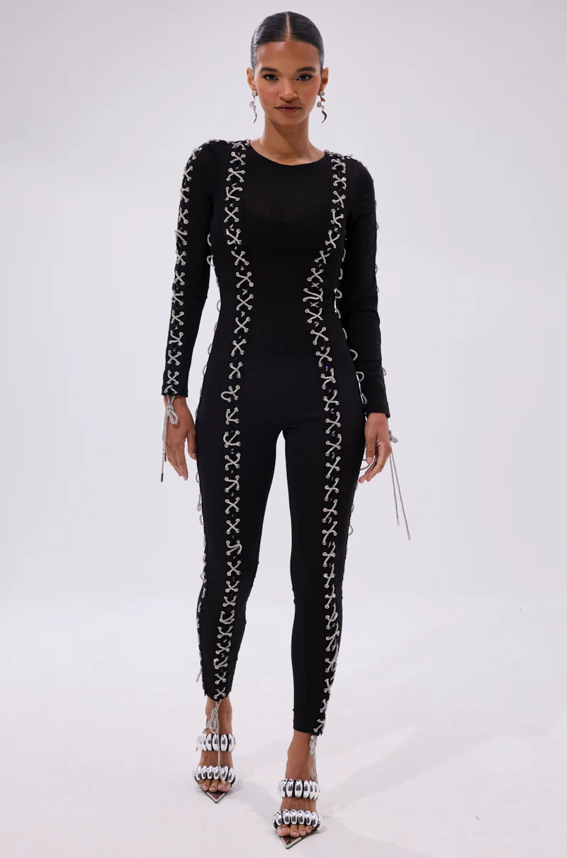 LACE IT UP MESH JUMPSUIT WITH RHINESTONE DETAIL - Image 2