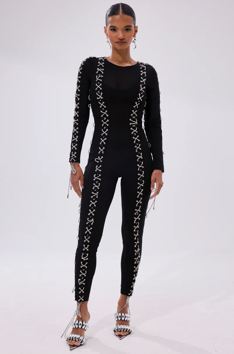 LACE IT UP MESH JUMPSUIT WITH RHINESTONE DETAIL - Image 3