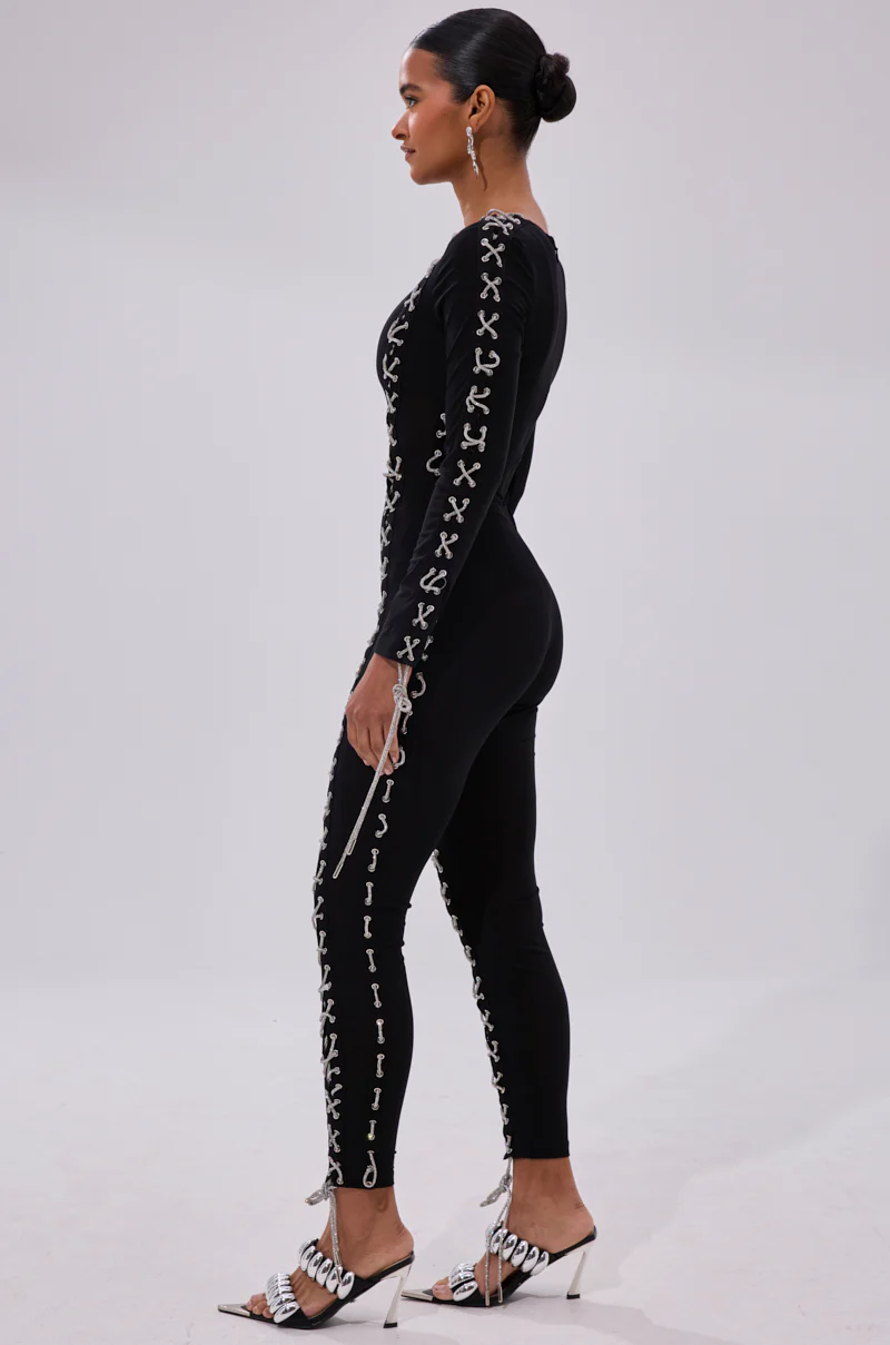 LACE IT UP MESH JUMPSUIT WITH RHINESTONE DETAIL - Image 4