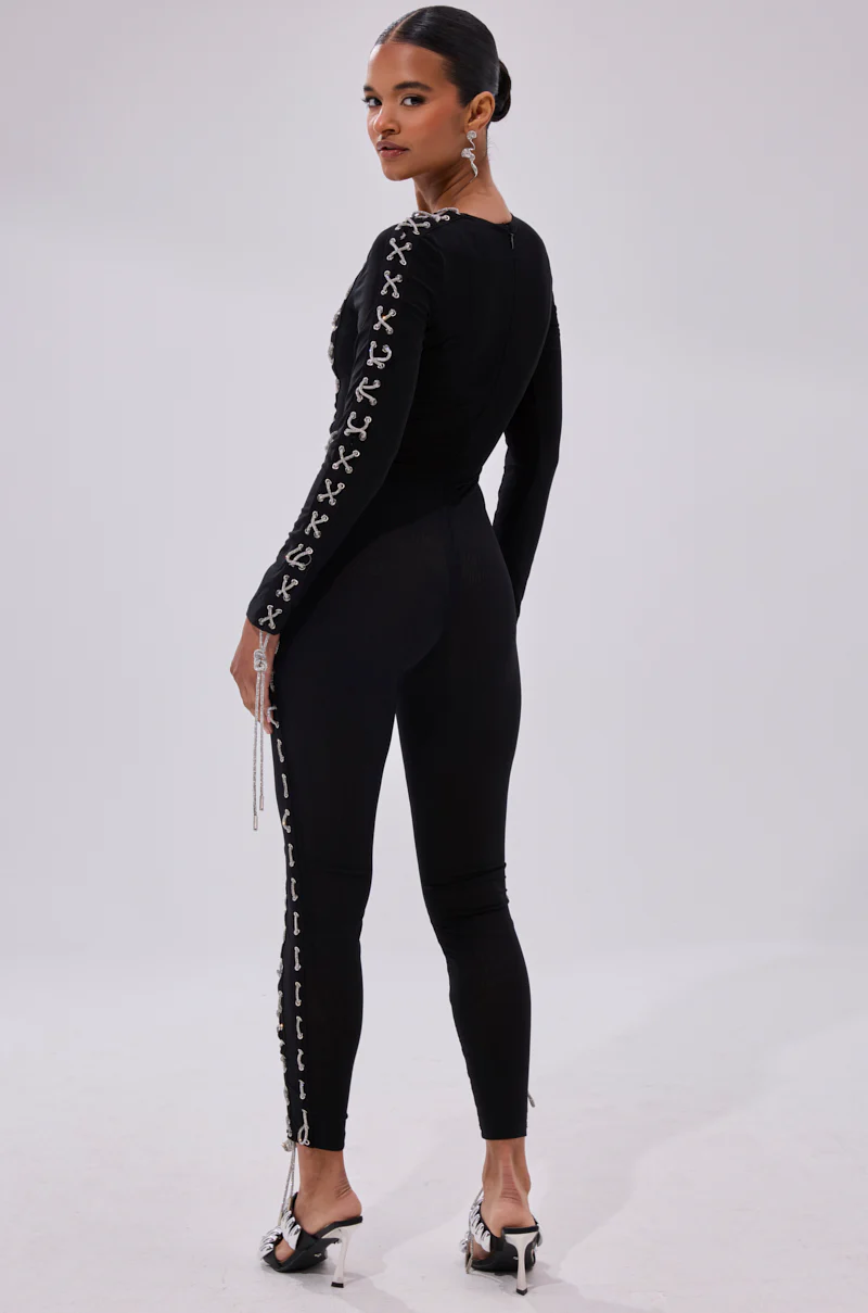 LACE IT UP MESH JUMPSUIT WITH RHINESTONE DETAIL - Image 5