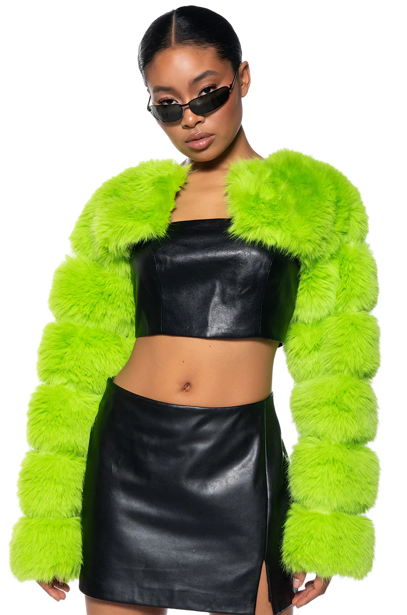 LADIES NIGHT ULTRA CROP FAUX FUR JACKET - Image 2