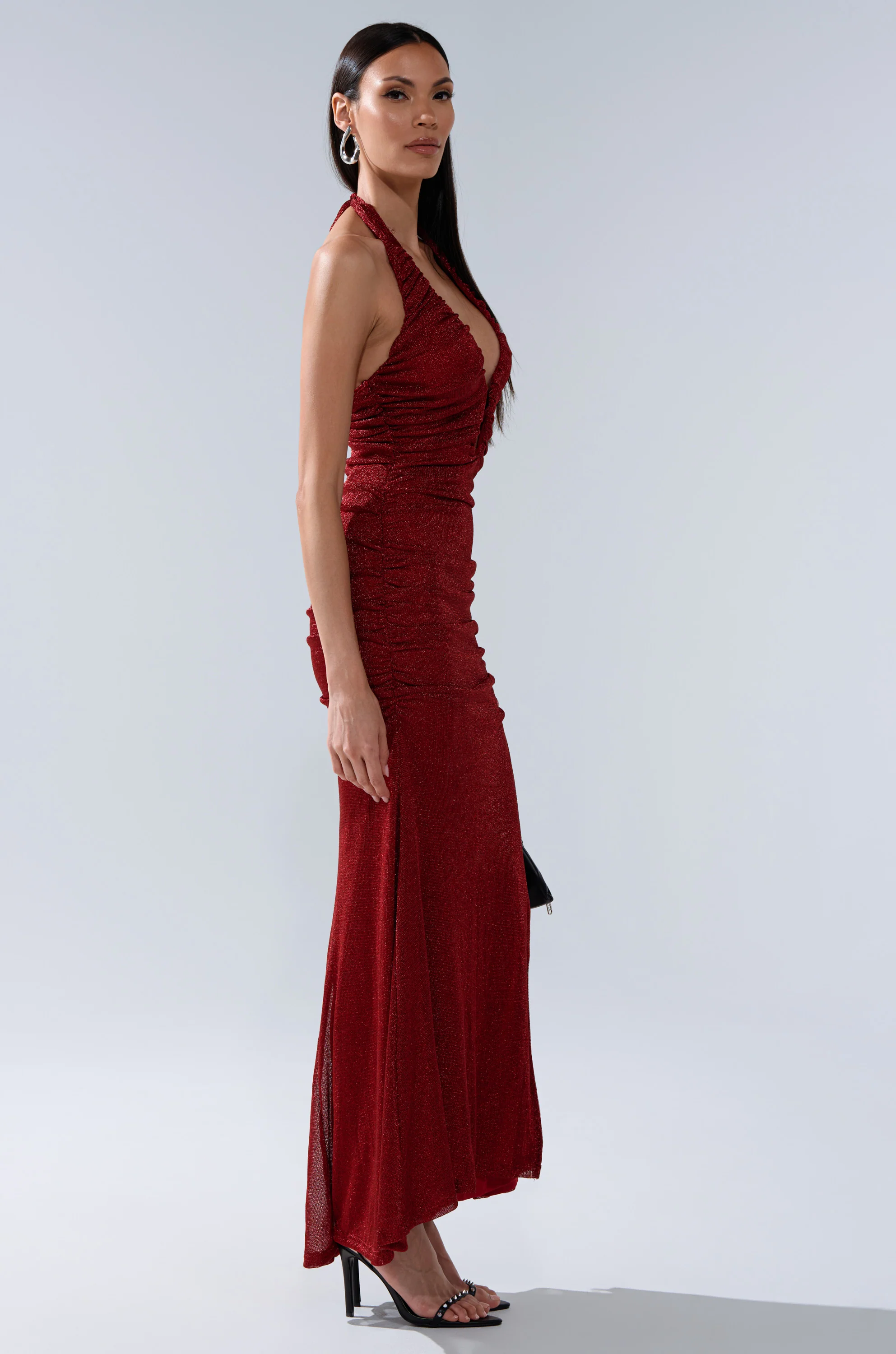 SERPENTI PLUNGE MAXI DRESS IN METALLIC BURGUNDY - Image 6