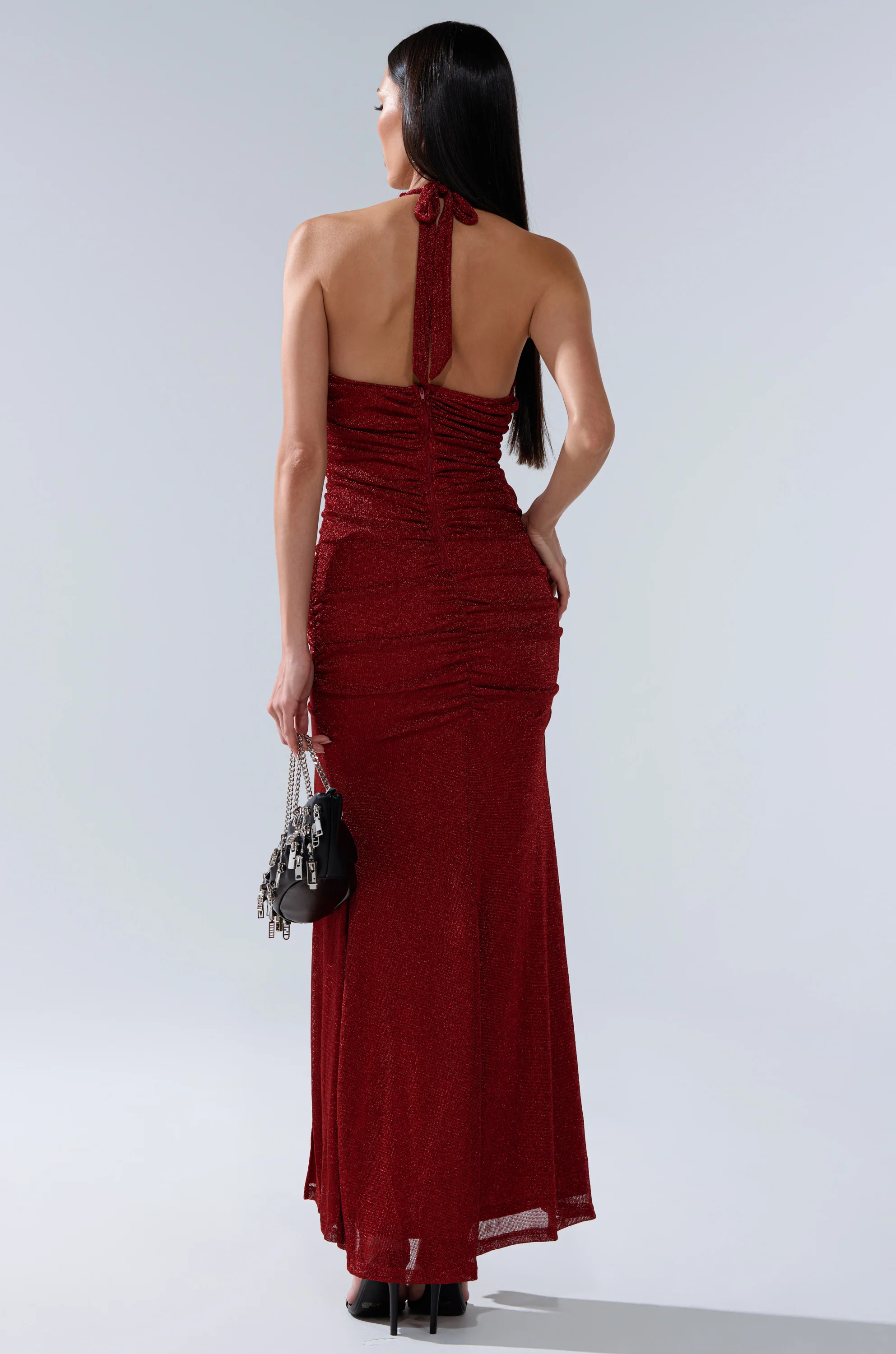SERPENTI PLUNGE MAXI DRESS IN METALLIC BURGUNDY - Image 7