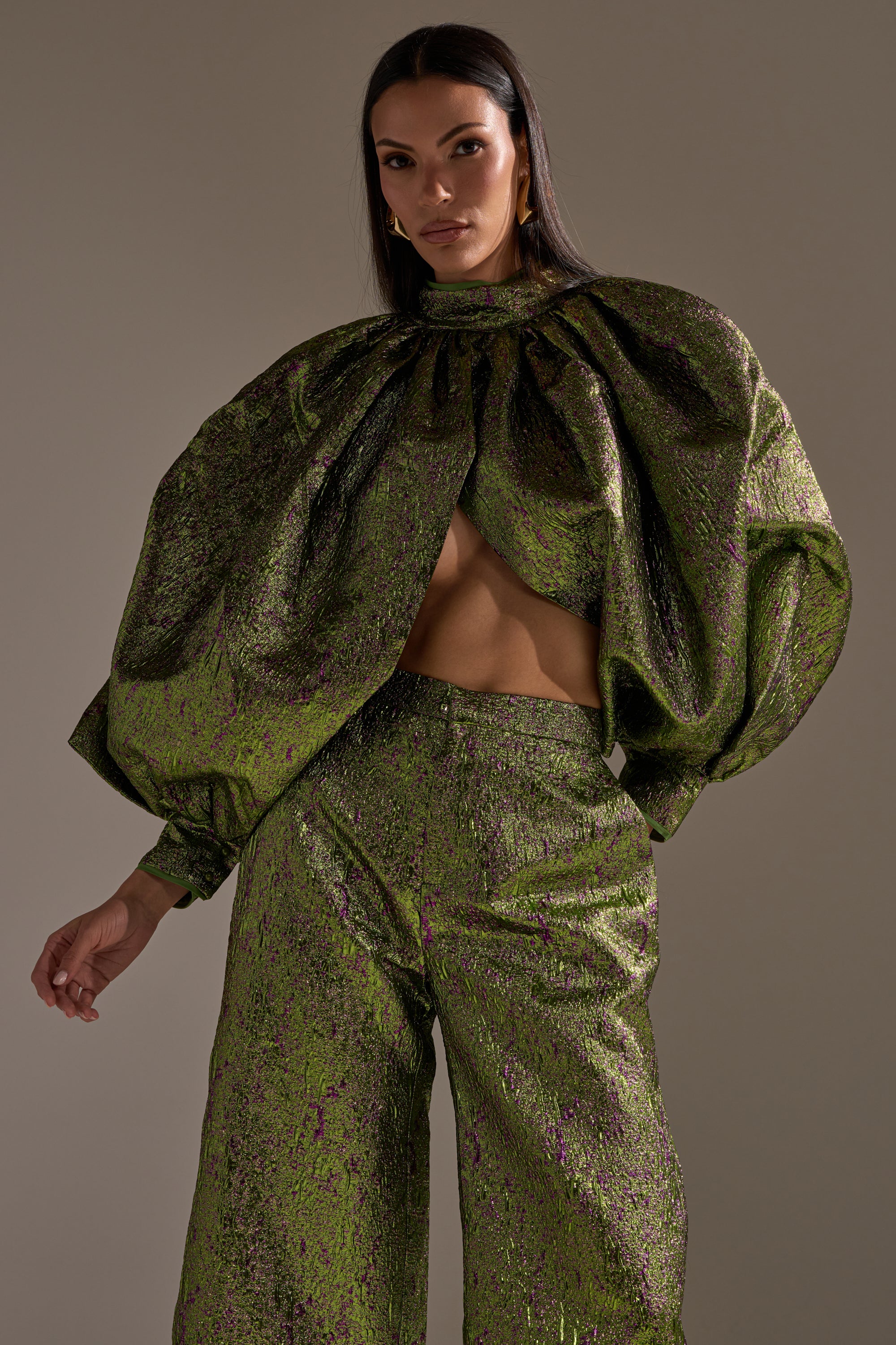 LAYLA BROCADE PUFF SLEEVE MOCK NECK TOP - Image 2