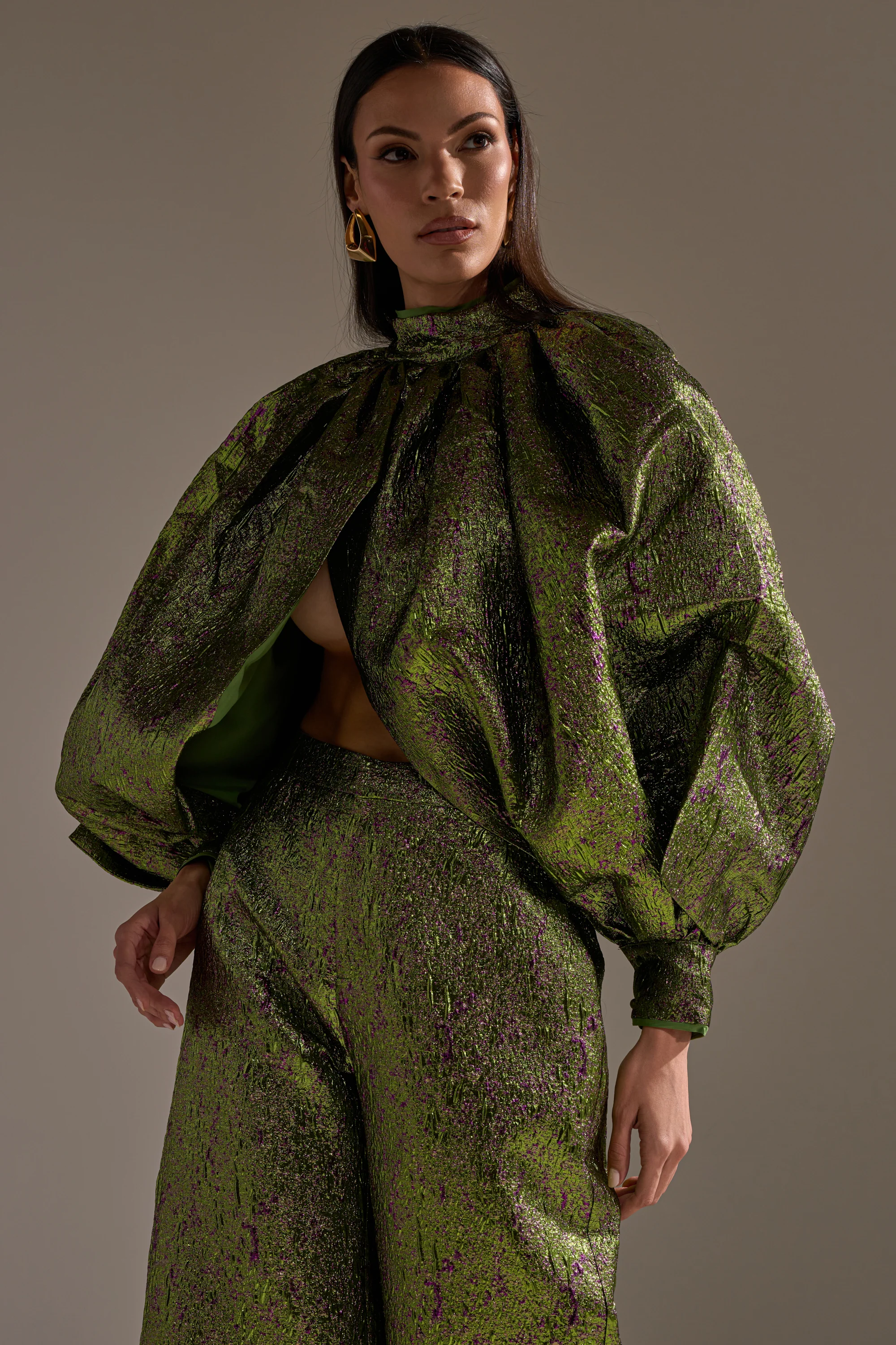 LAYLA BROCADE PUFF SLEEVE MOCK NECK TOP - Image 3