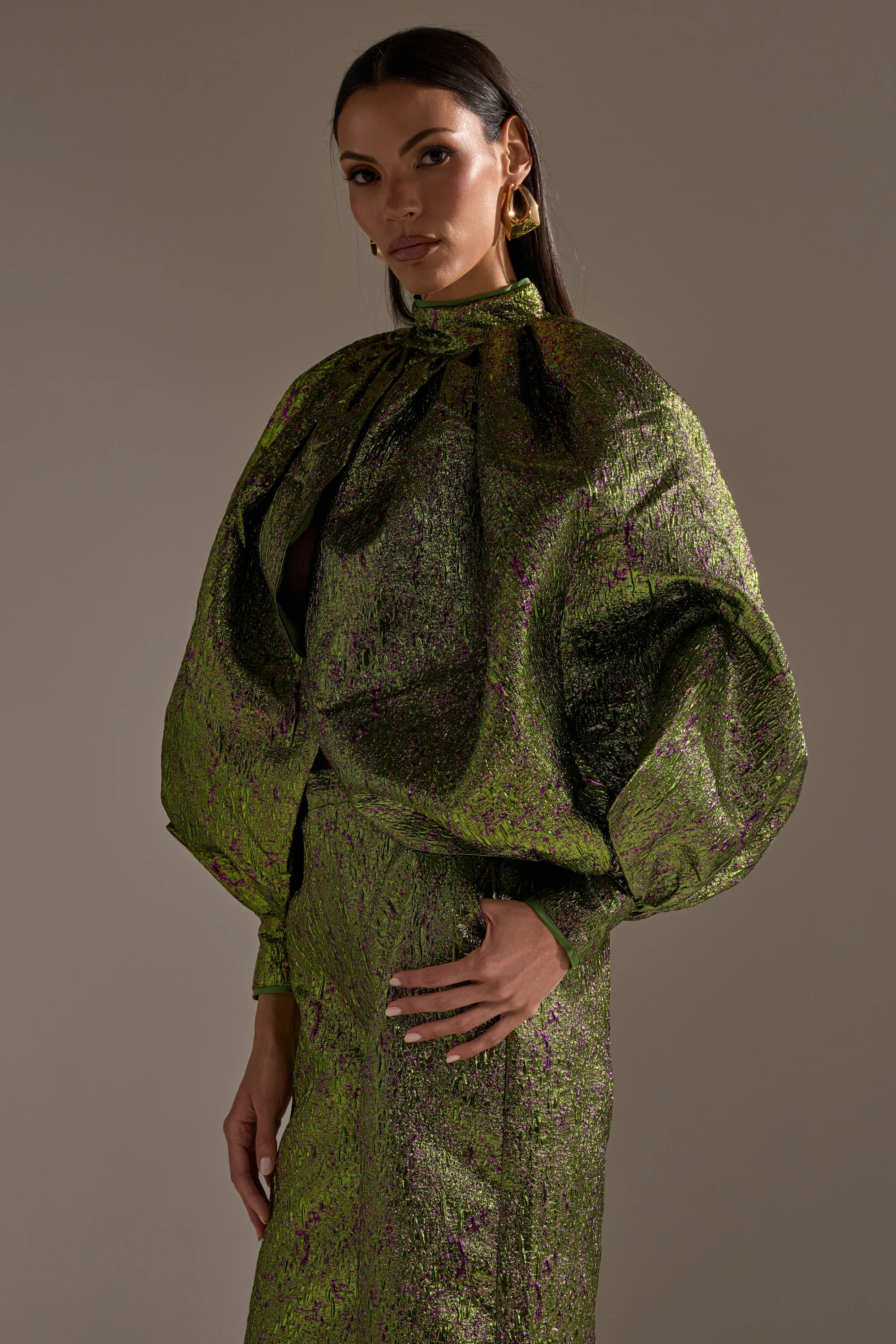 LAYLA BROCADE PUFF SLEEVE MOCK NECK TOP - Image 4