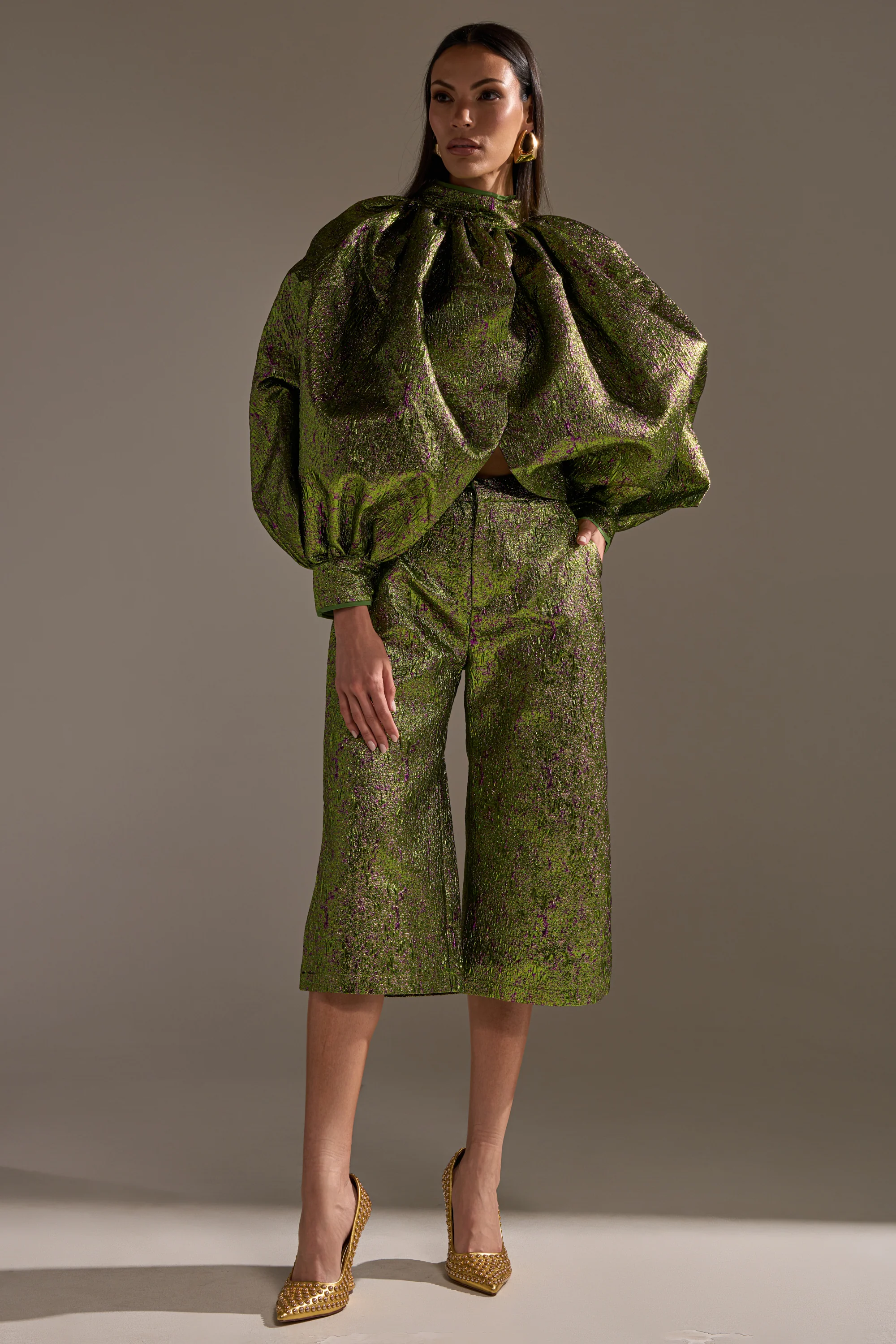 LAYLA BROCADE PUFF SLEEVE MOCK NECK TOP - Image 6