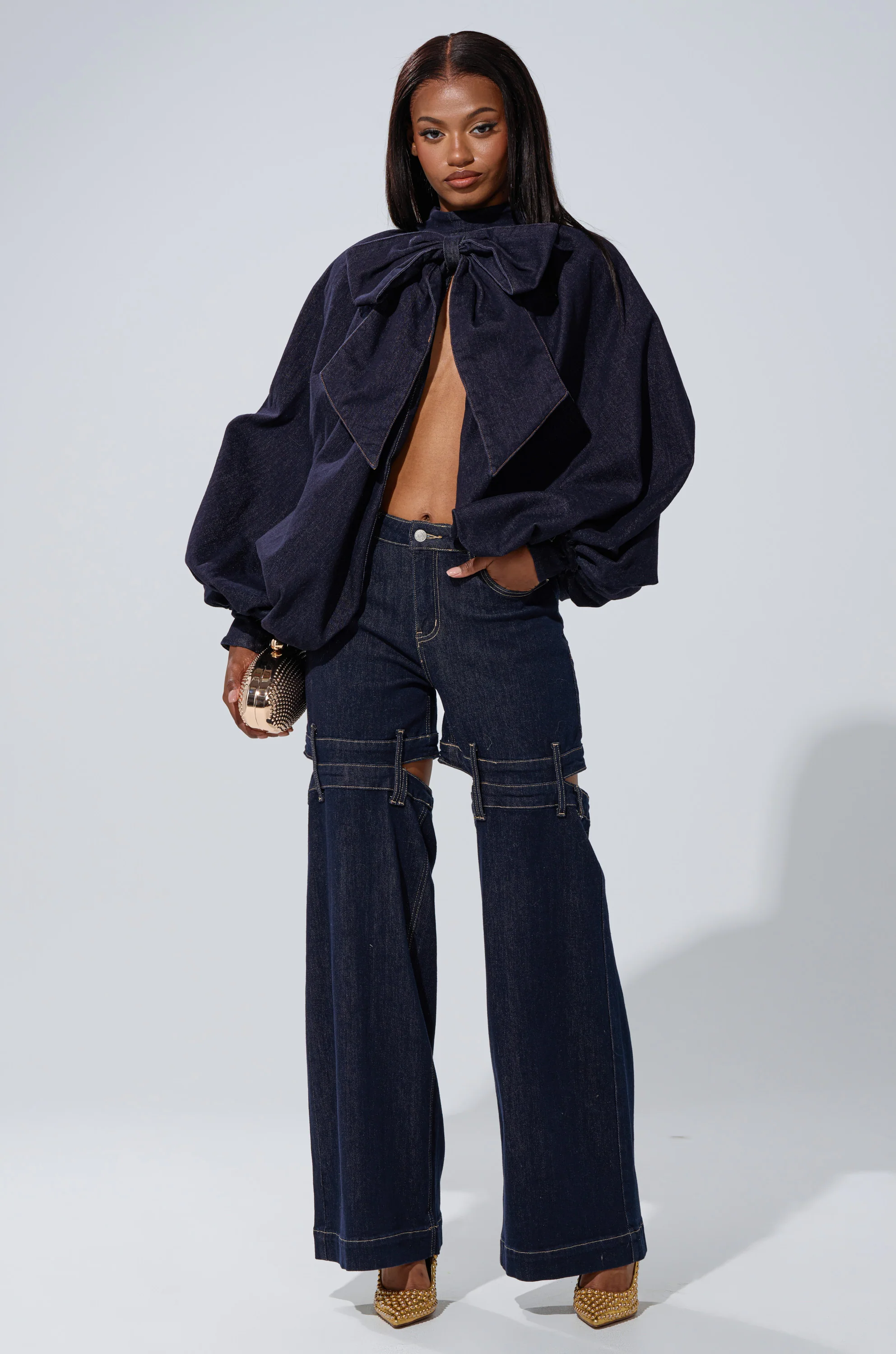 LEAH RUCHED DENIM MOCK NECK TOP IN DARK BLUE DENIM - Image 8
