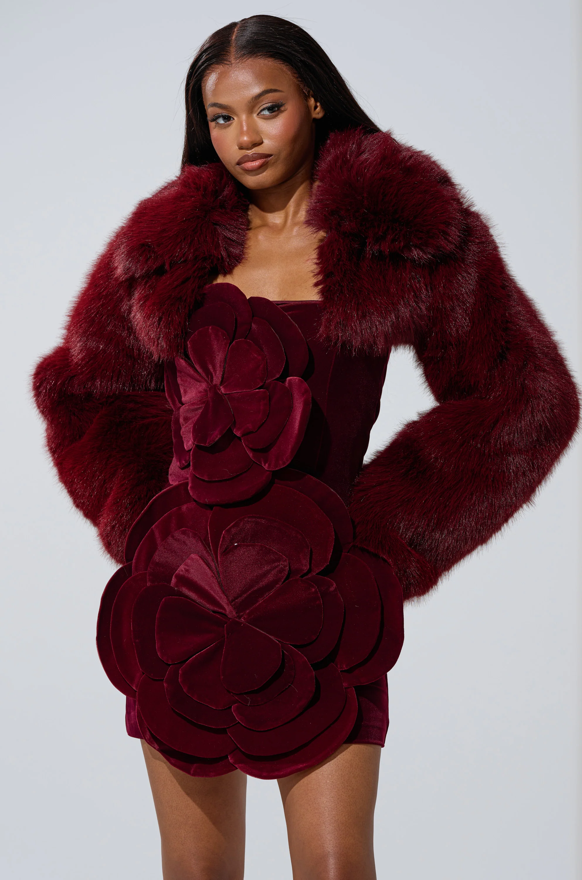 LEILA ULTRA CROP FAUX FUR IN BURGUNDY