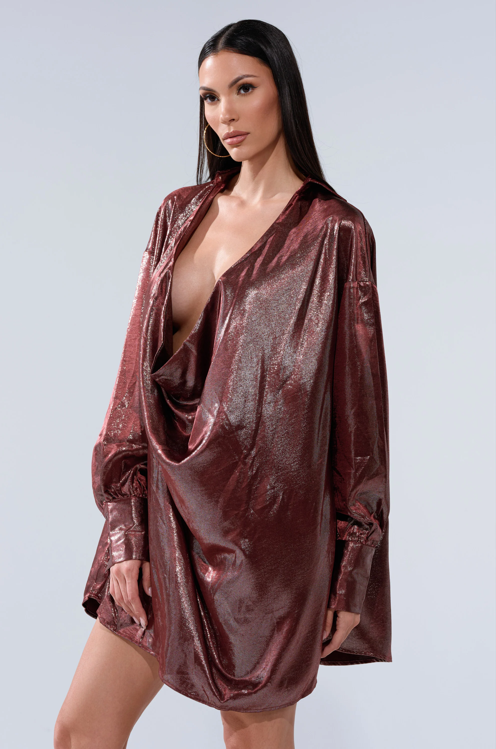LENNON PLUNGING SATIN SHIRT DRESS - Image 4