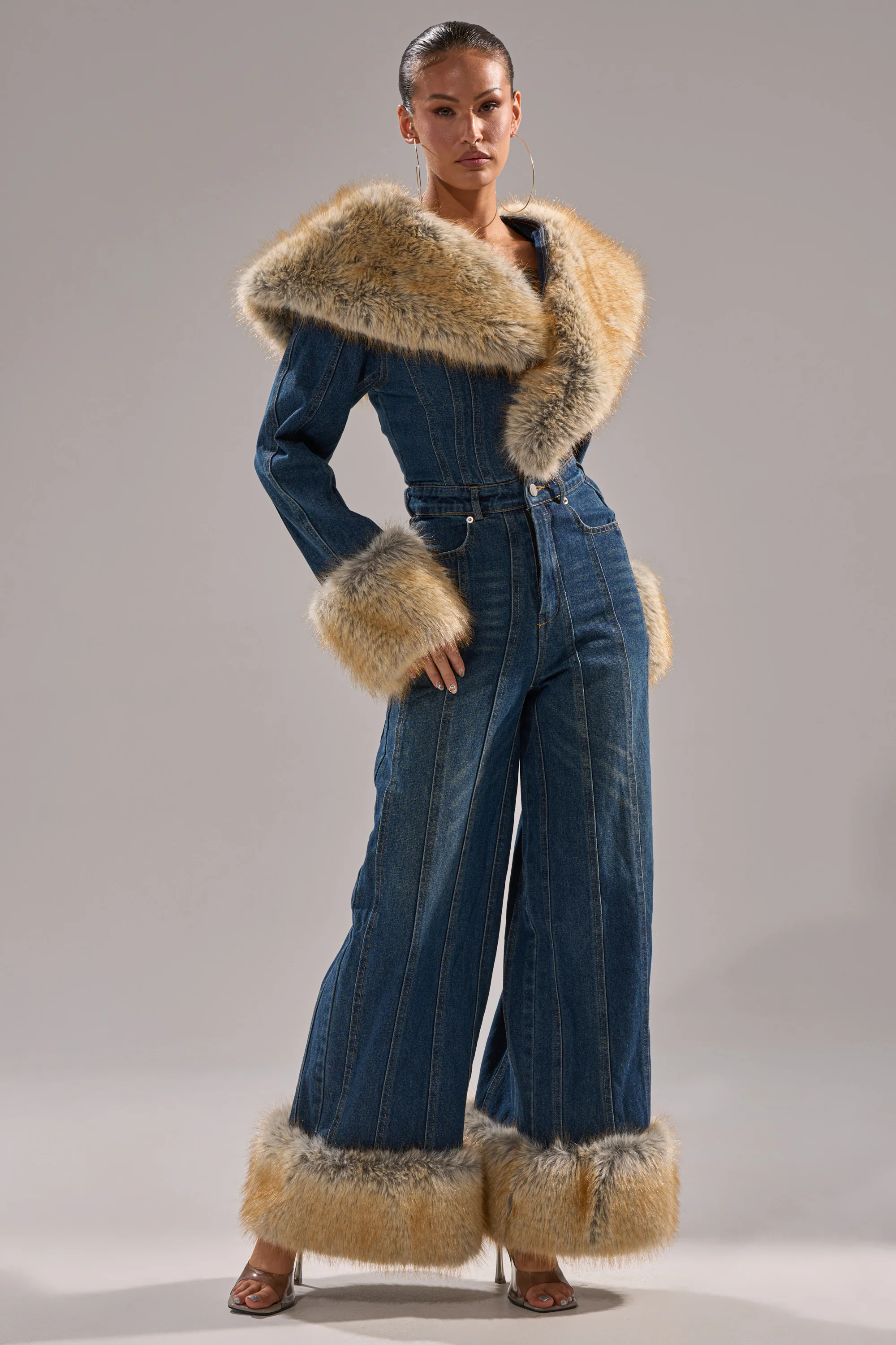 LENNOX DENIM JUMPSUIT WITH FUR ACCENTS - Image 2
