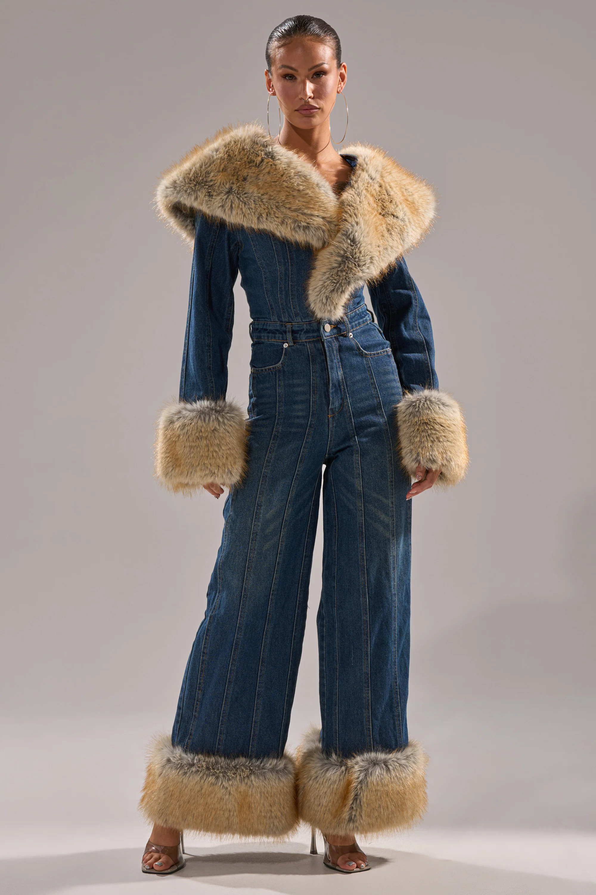 LENNOX DENIM JUMPSUIT WITH FUR ACCENTS - Image 3