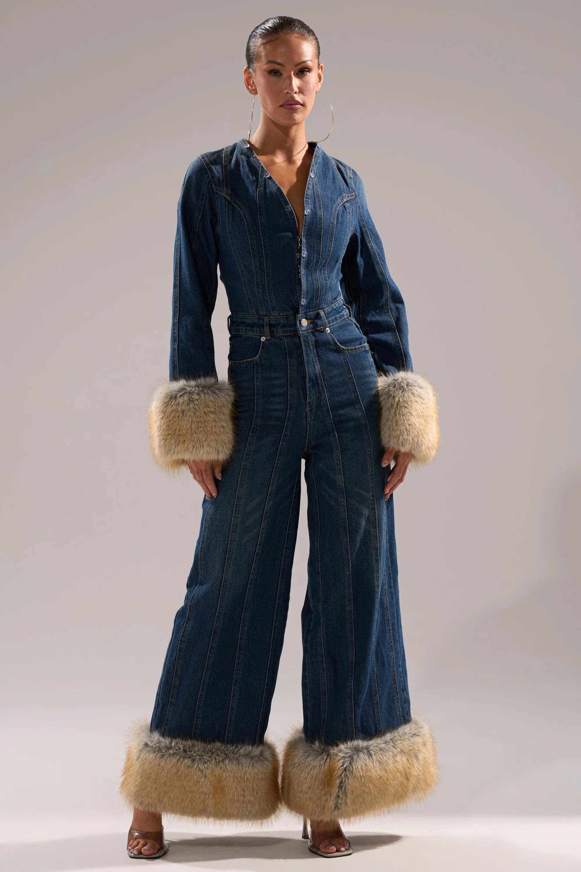 LENNOX DENIM JUMPSUIT WITH FUR ACCENTS - Image 4