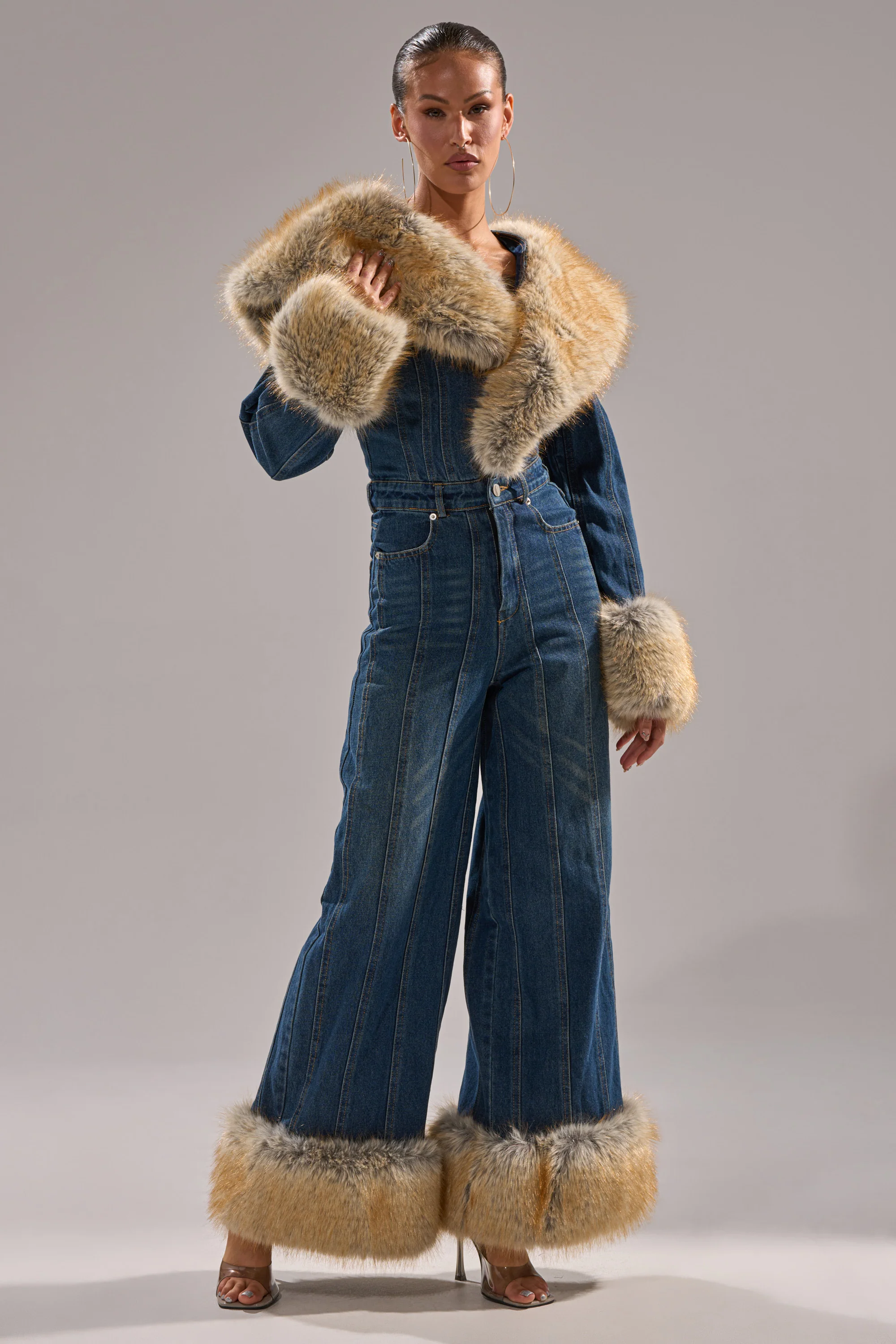 LENNOX DENIM JUMPSUIT WITH FUR ACCENTS - Image 5