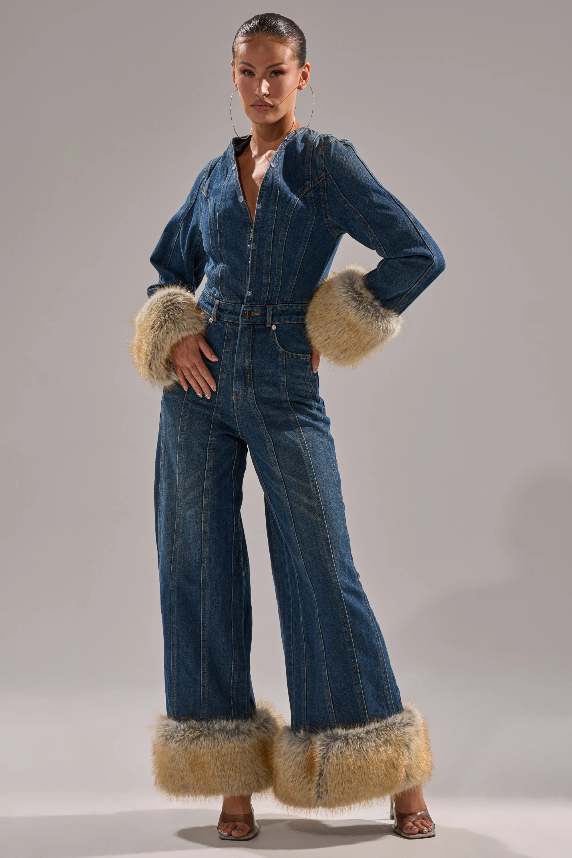 LENNOX DENIM JUMPSUIT WITH FUR ACCENTS - Image 6