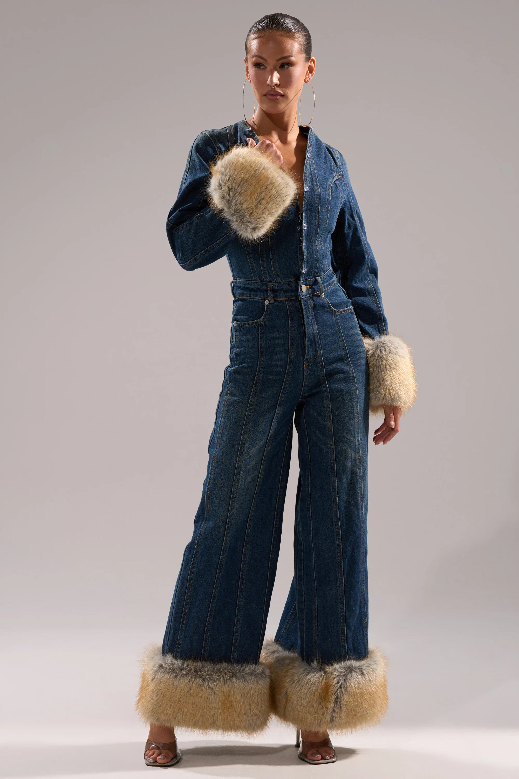 LENNOX DENIM JUMPSUIT WITH FUR ACCENTS - Image 7