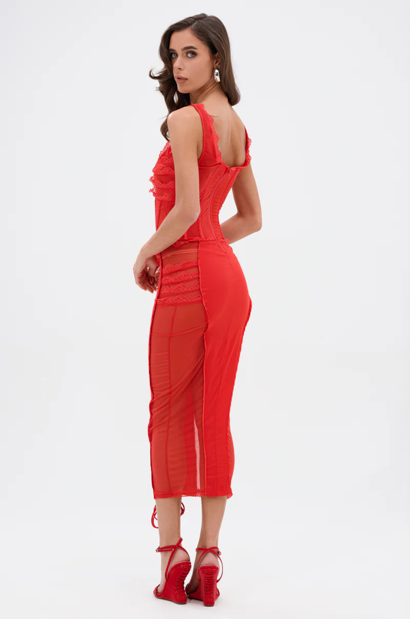 LET ME REMIND YOU LACE UP MESH MIDI DRESS IN RED - Image 4