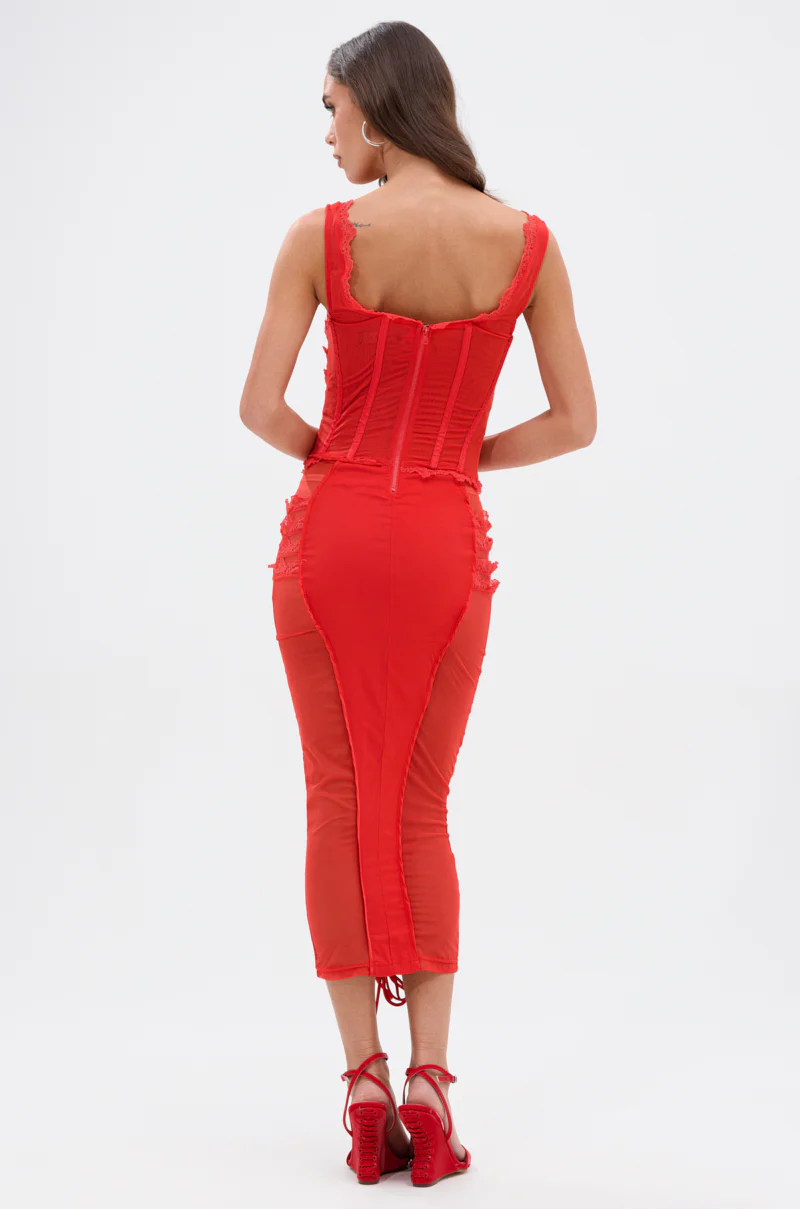 LET ME REMIND YOU LACE UP MESH MIDI DRESS IN RED - Image 5