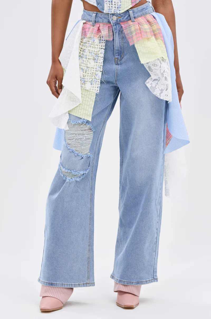 LET THE FUN BEGIN DENIM PANT WITH PLAID DETAILS - Image 2