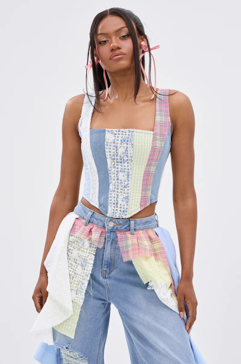 LET THE FUN BEGIN MIXED PLAID CORSET TOP - Image 2