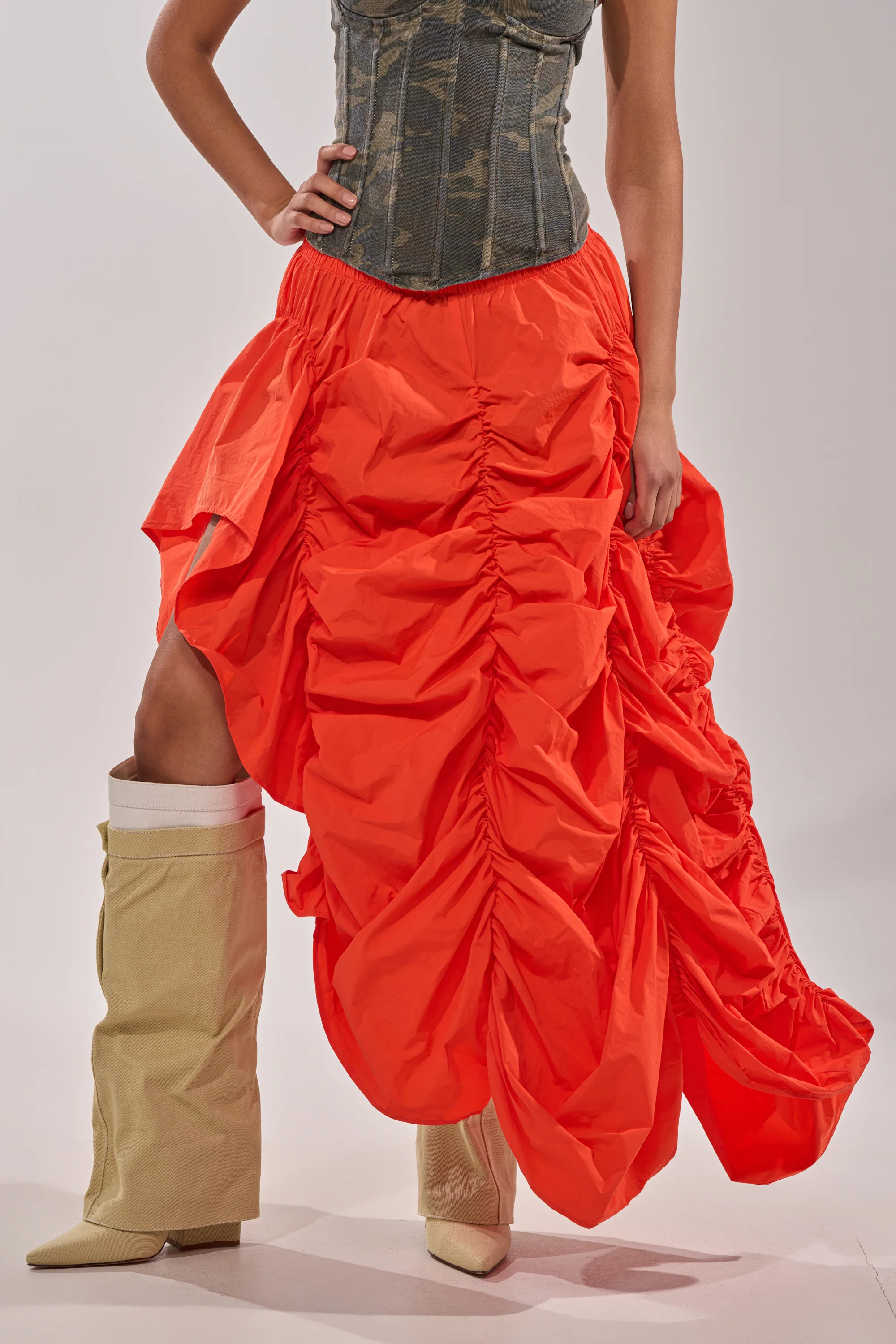 LETS CHANGE IT UP RUCHED MIDI SKIRT IN ORANGE - Image 2
