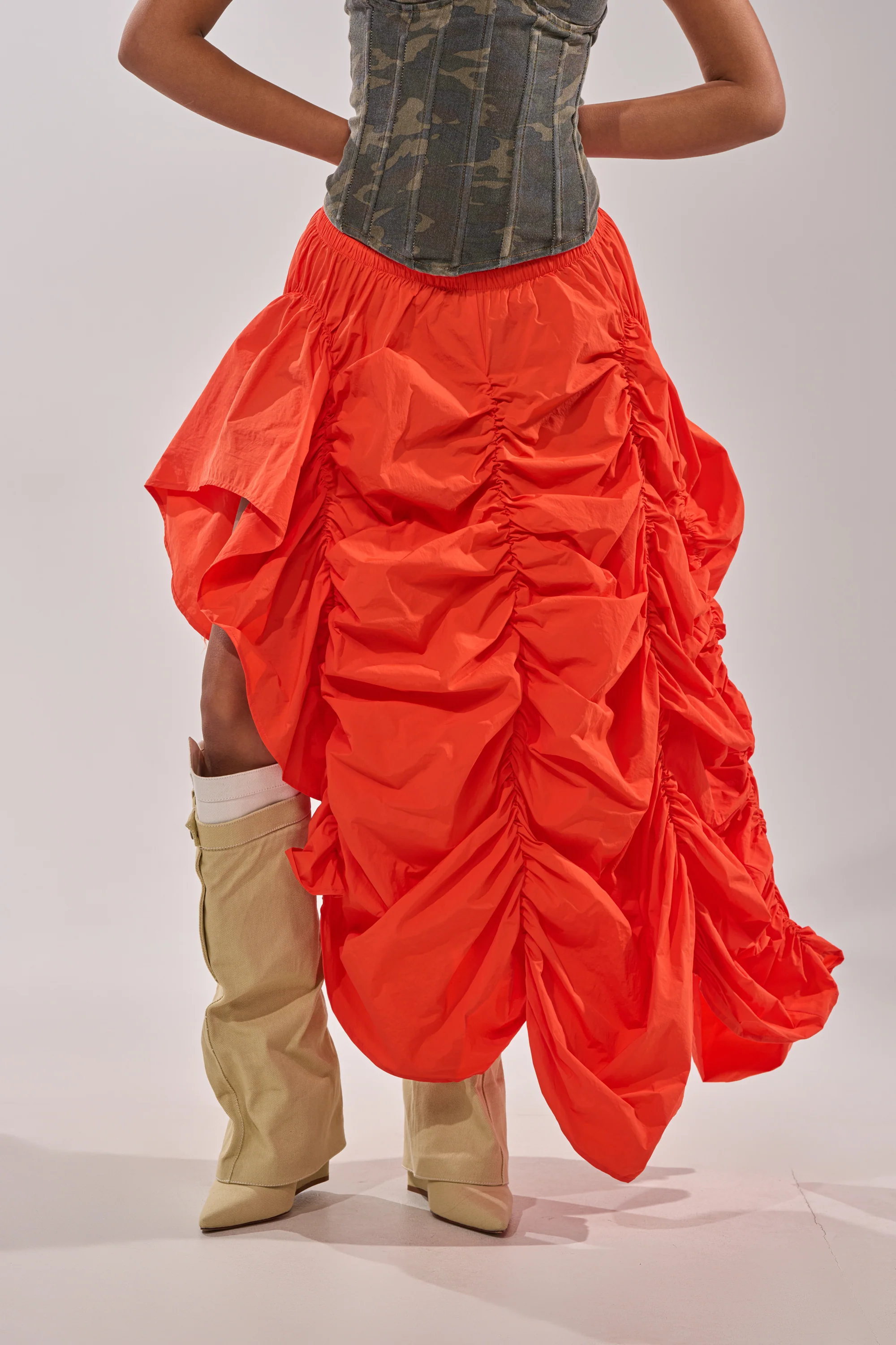 LETS CHANGE IT UP RUCHED MIDI SKIRT IN ORANGE - Image 3
