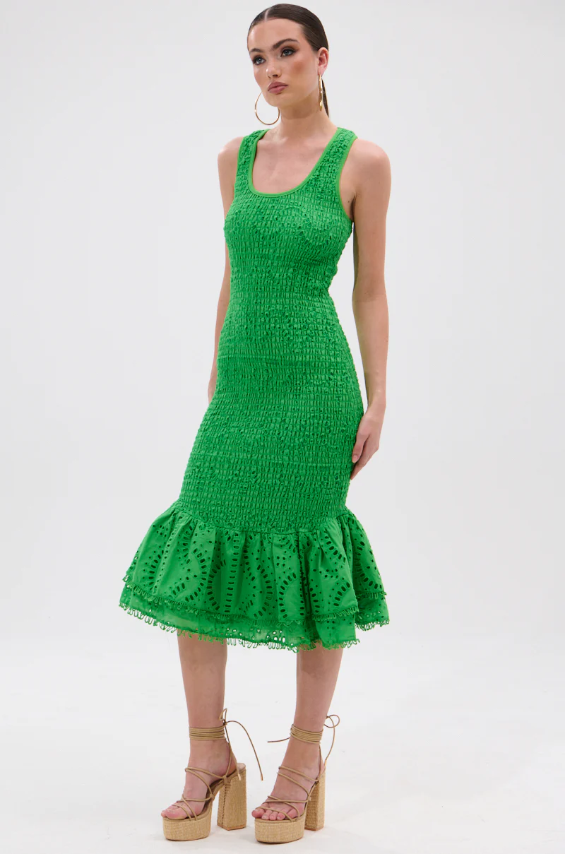 LET'S GO TO THE BEACH RUFFLE MIDI DRESS IN GREEN - Image 3