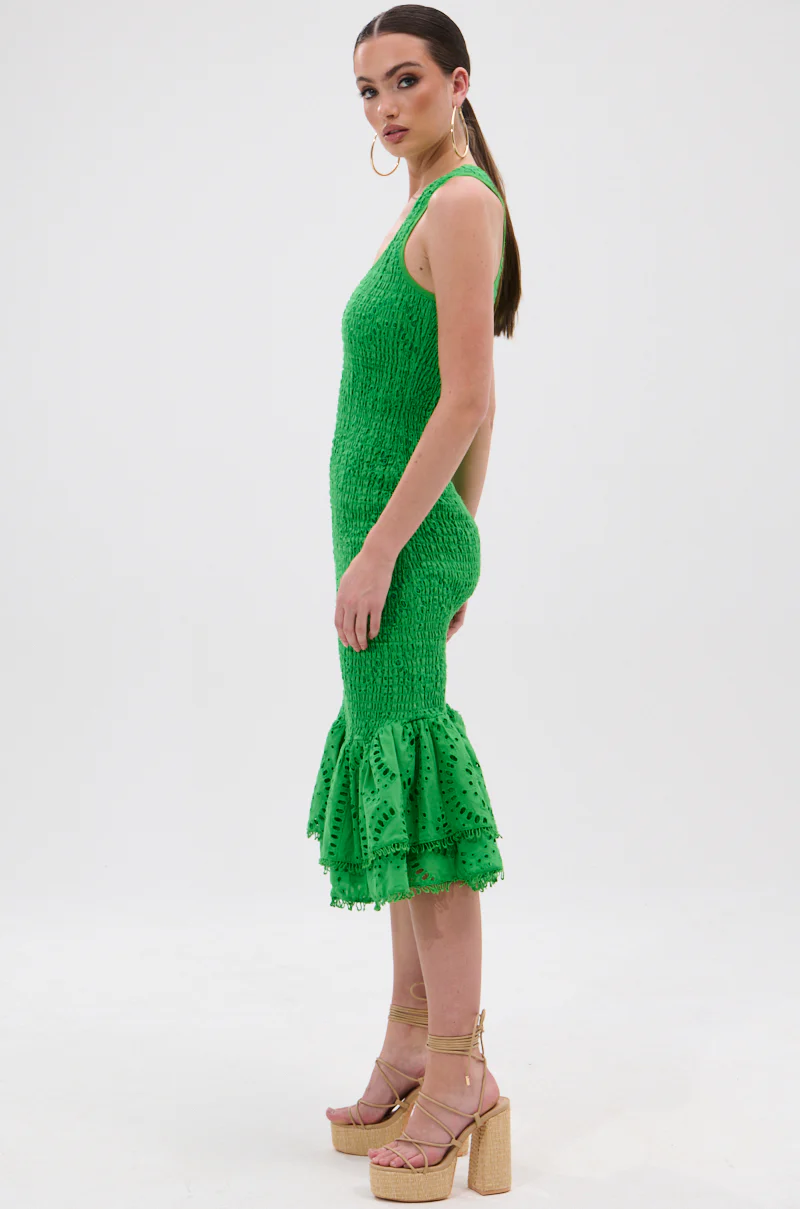 LET'S GO TO THE BEACH RUFFLE MIDI DRESS IN GREEN - Image 4
