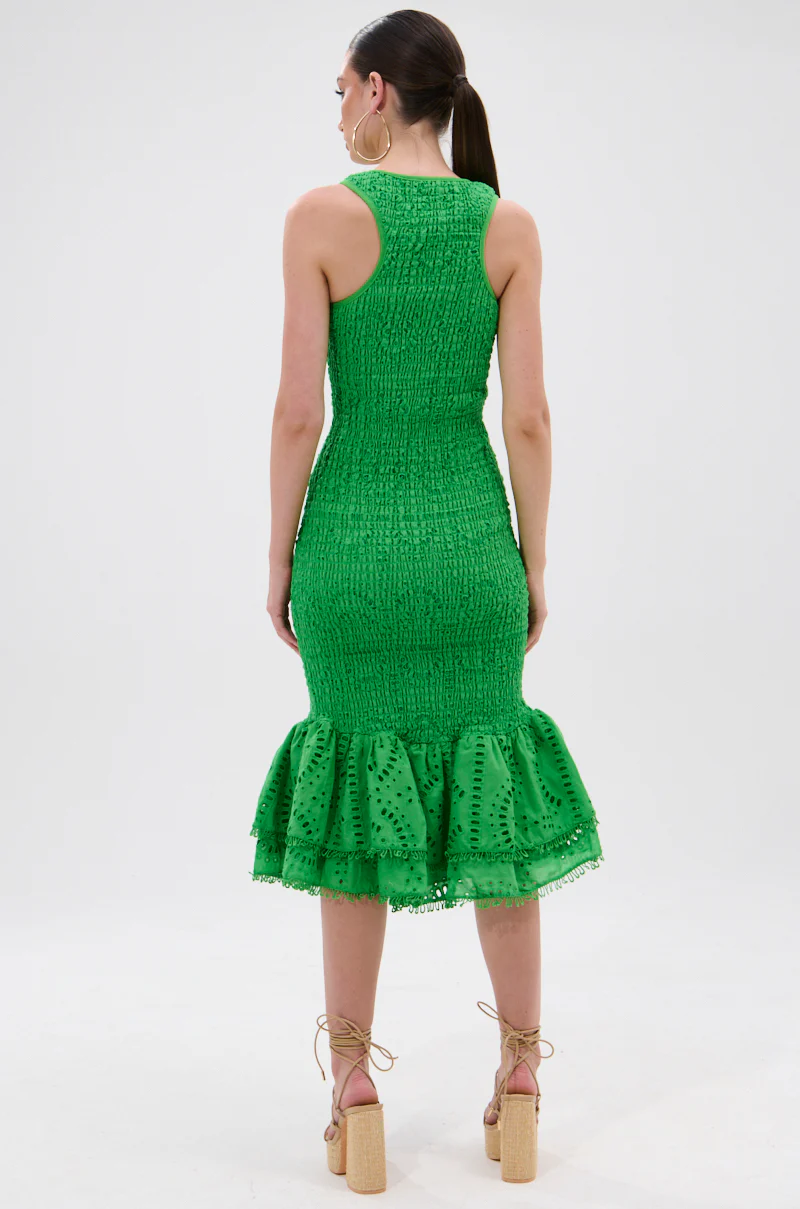 LET'S GO TO THE BEACH RUFFLE MIDI DRESS IN GREEN - Image 5