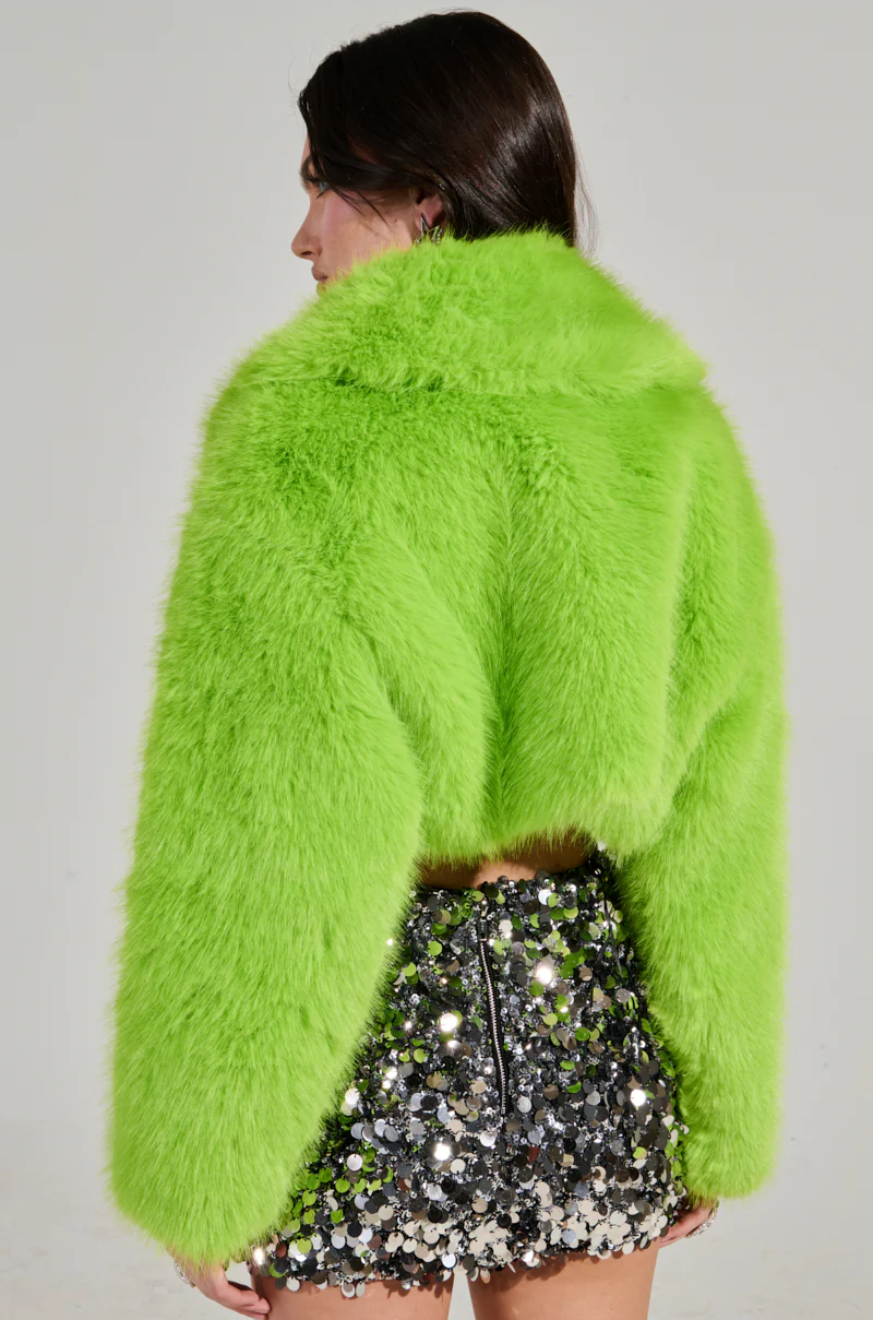 LIGHTS OUT CROPPED FAUX FUR JACKET IN LIME - Image 5