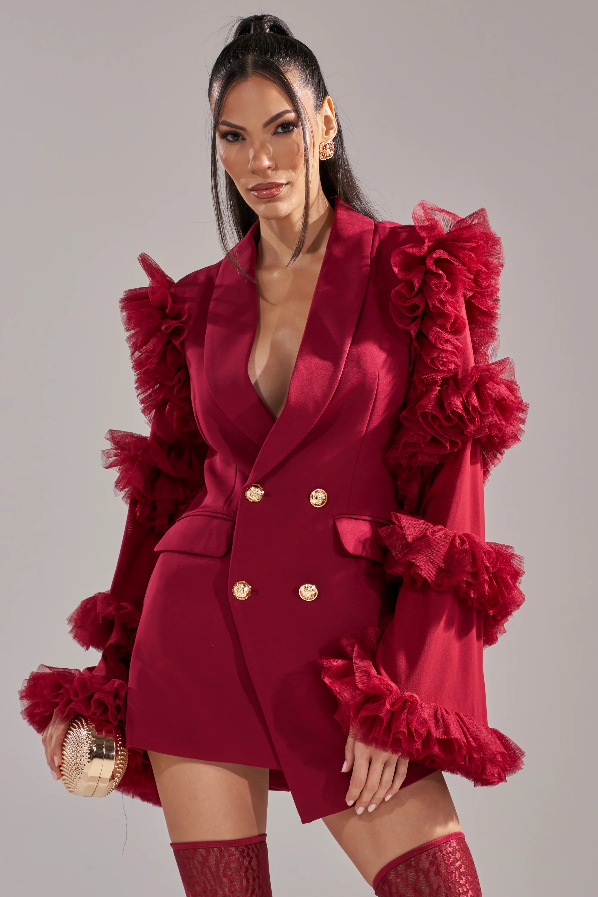 LIVING OVER THE TOP RUFFLE SLEEVE BLAZER MINI DRESS IN BURGUNDY - Image 3