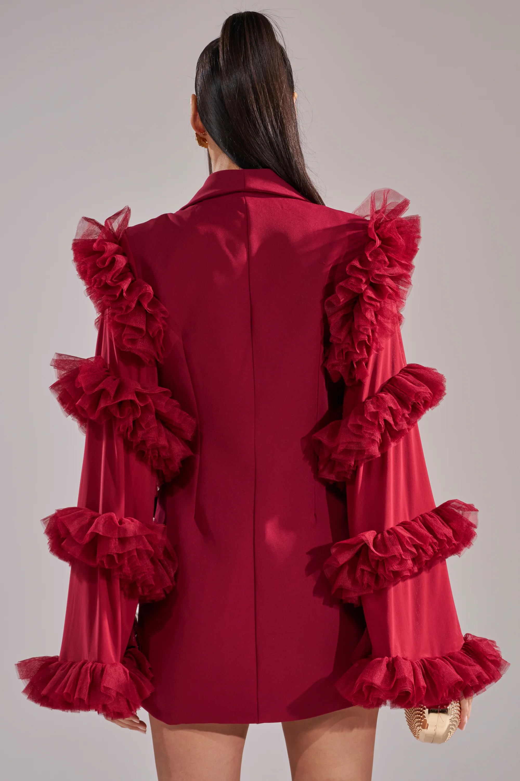 LIVING OVER THE TOP RUFFLE SLEEVE BLAZER MINI DRESS IN BURGUNDY - Image 5