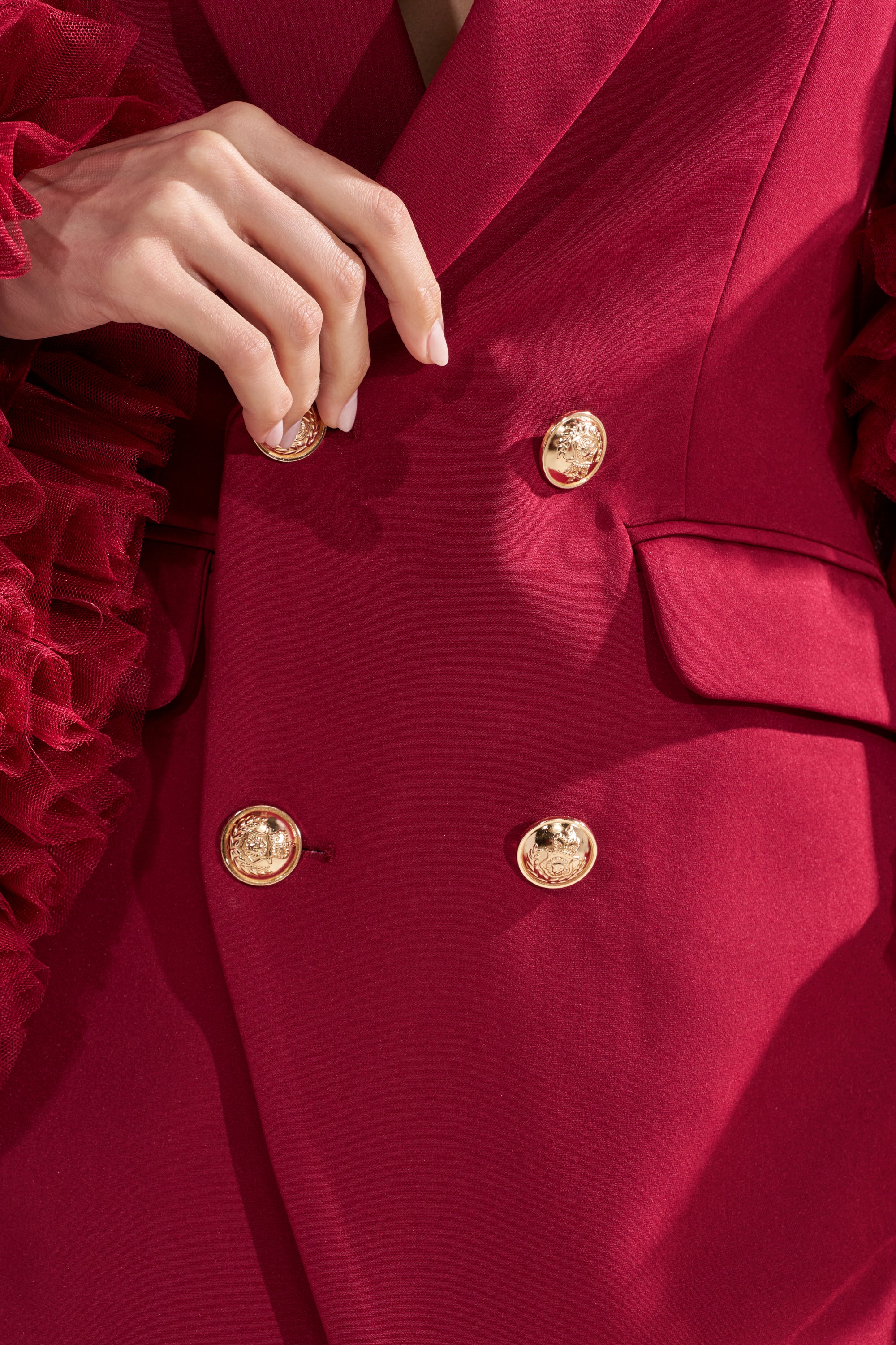 LIVING OVER THE TOP RUFFLE SLEEVE BLAZER MINI DRESS IN BURGUNDY - Image 7