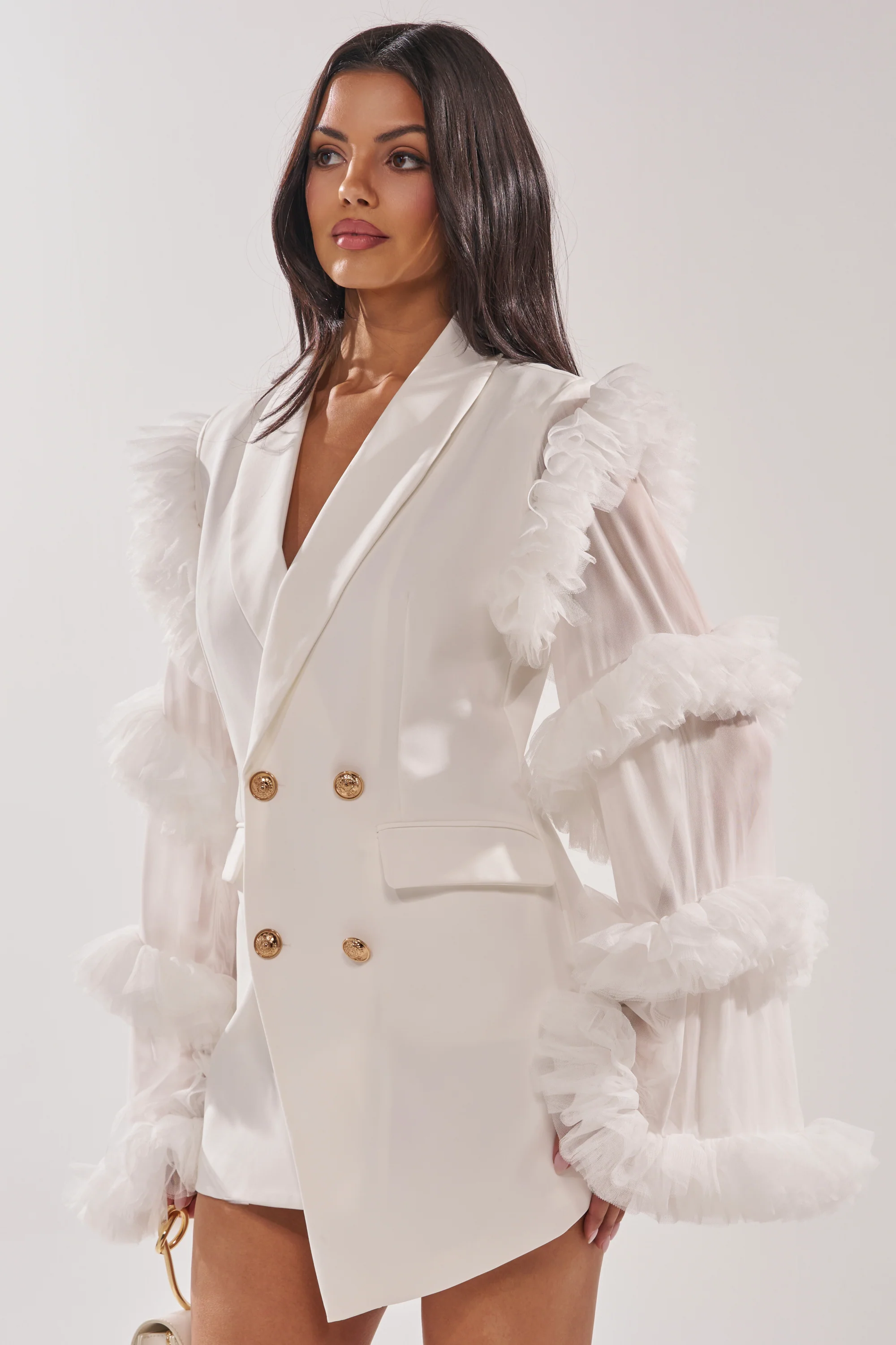 LIVING OVER THE TOP RUFFLE SLEEVE BLAZER MINI DRESS IN WHITE - Image 3