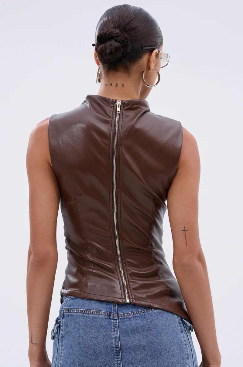 LOCKED AND LOADED FAUX LEATHER BLOUSE IN CHOCOLATE BROWN - Image 5
