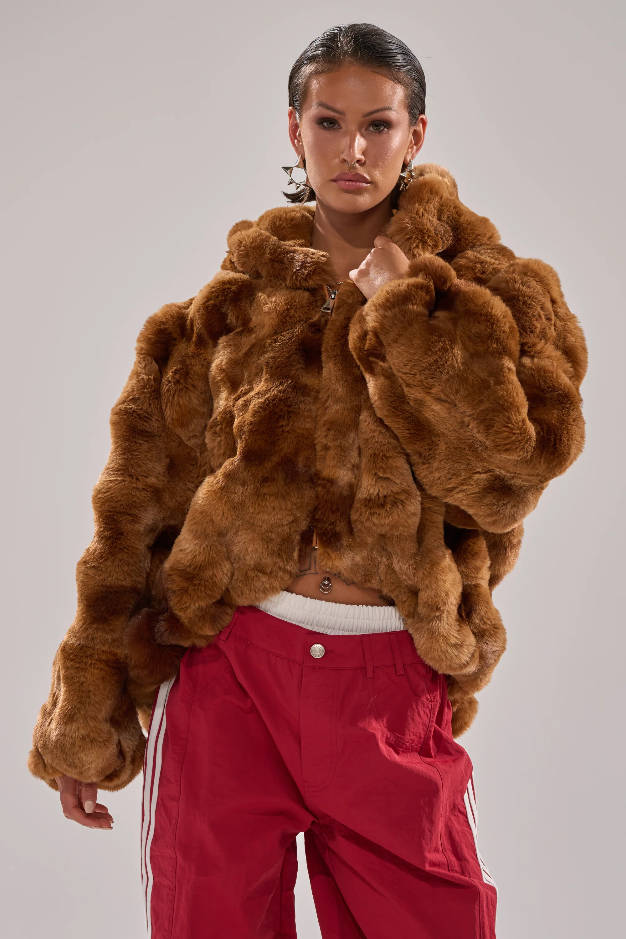 LOOK AT ME NOW HOODED FUR BOMBER IN BROWN - Image 5