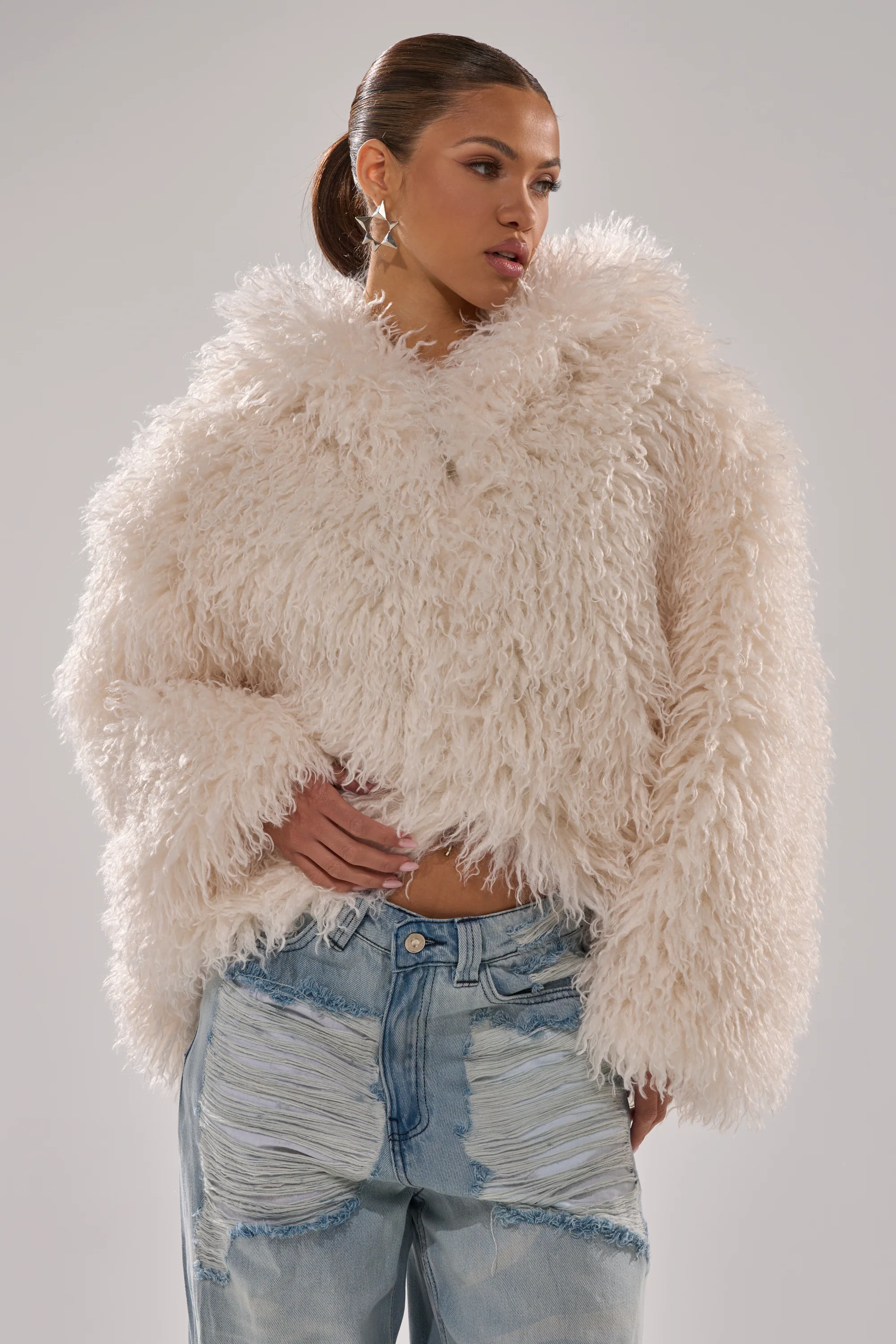 LOOK AT ME NOW HOODED FUR BOMBER IN IVORY - Image 6