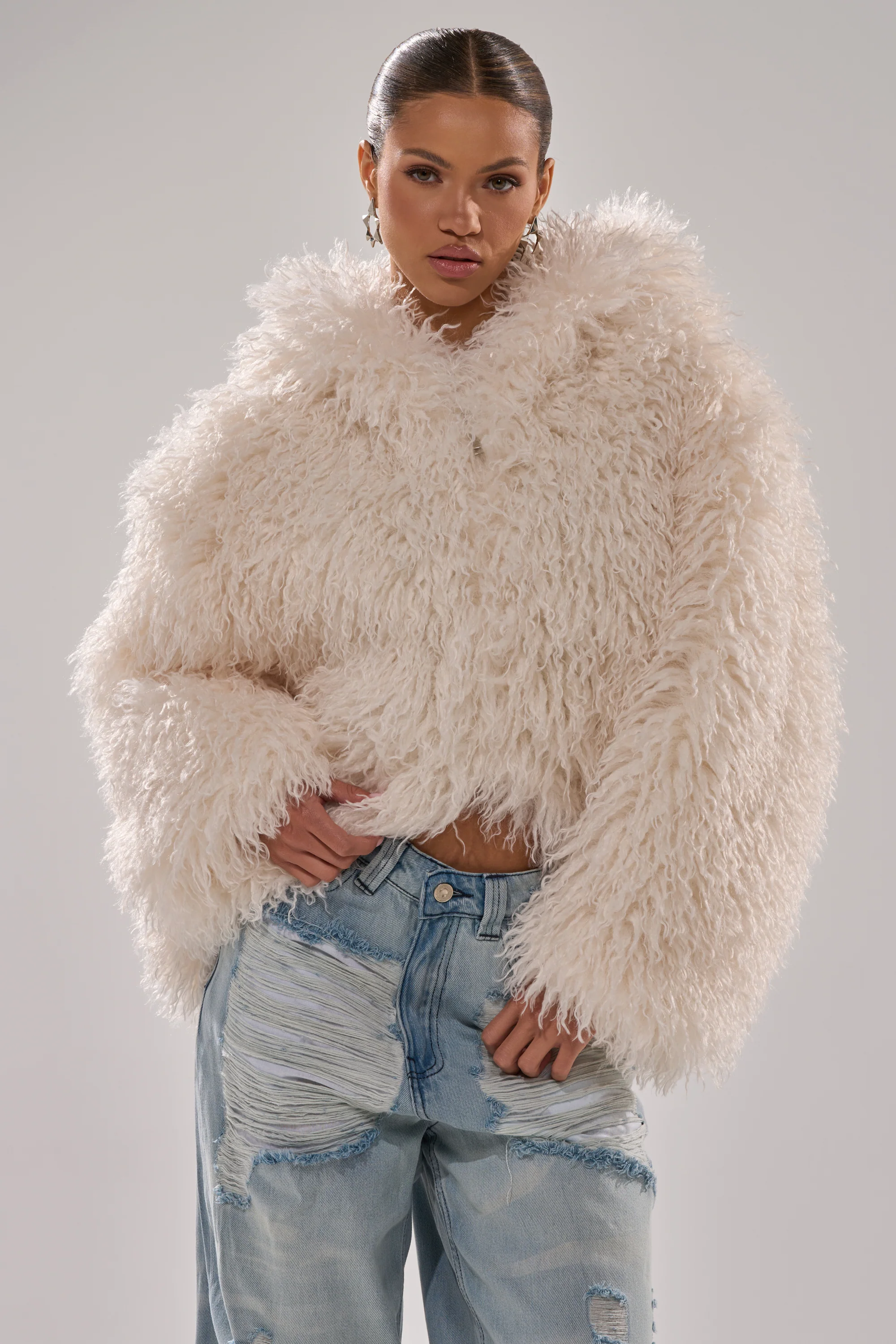 LOOK AT ME NOW HOODED FUR BOMBER IN IVORY - Image 7