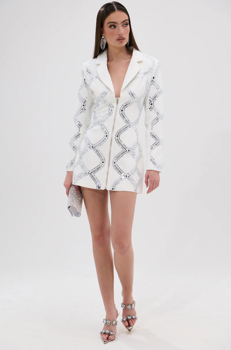 LOOK AT ME RHINESTONE BLAZER DRESS IN WHITE