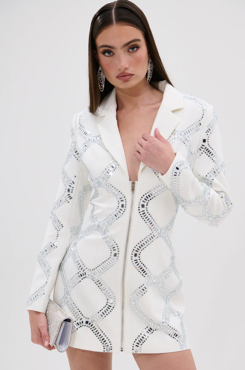LOOK AT ME RHINESTONE BLAZER DRESS IN WHITE - Image 2