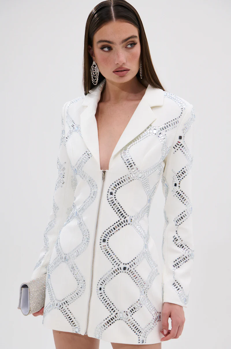 LOOK AT ME RHINESTONE BLAZER DRESS IN WHITE - Image 3